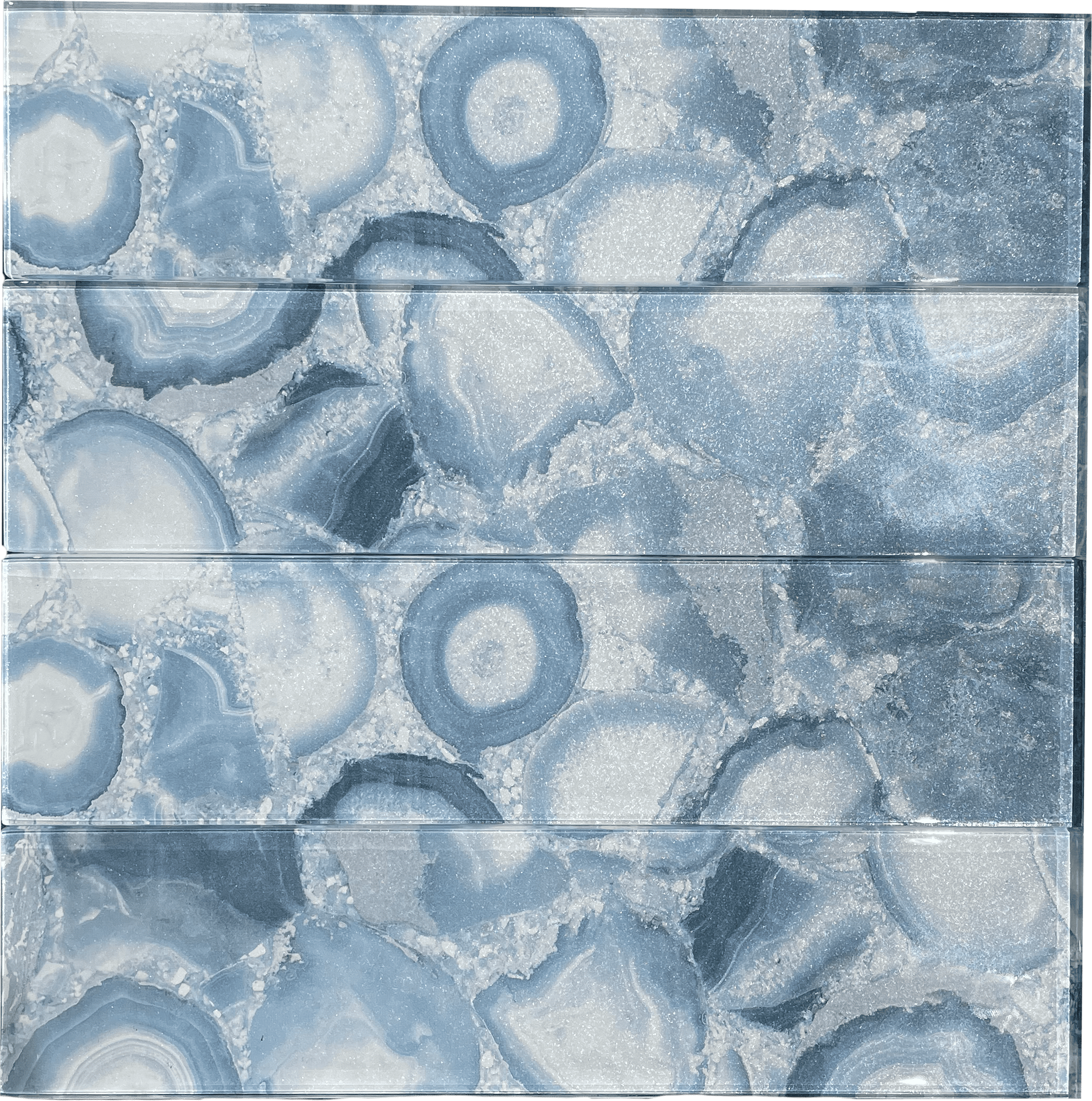 3x12-inch glass mosaic tile with a translucent blue finish, perfect for modern shower walls and accent features.