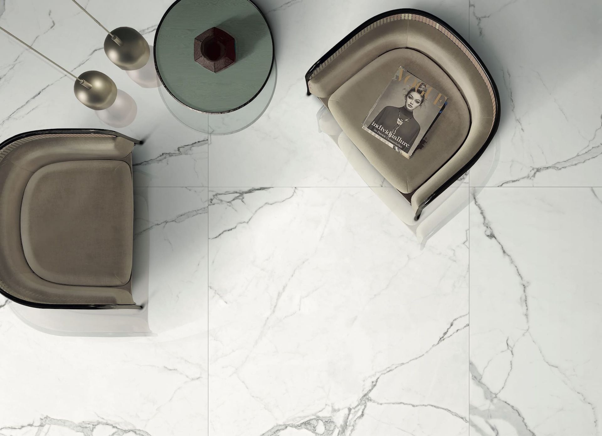 Living room styled with Portofino tile for sophisticated, marble-inspired flooring