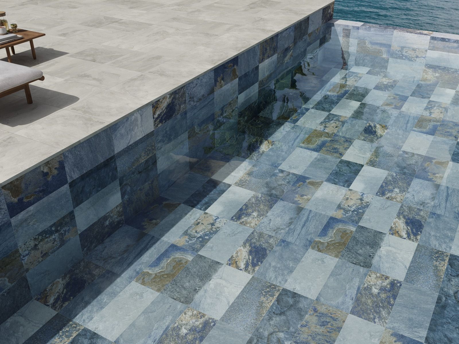 Ambient Rock Ceramic Indy Blue tiles on pool floor