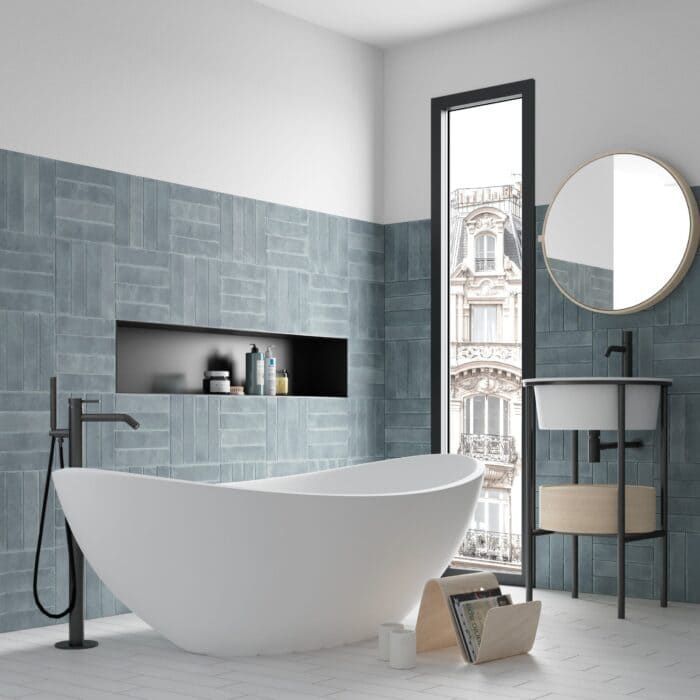 Bathroom walls styled with calming Argile Sky tile for a spa-like look