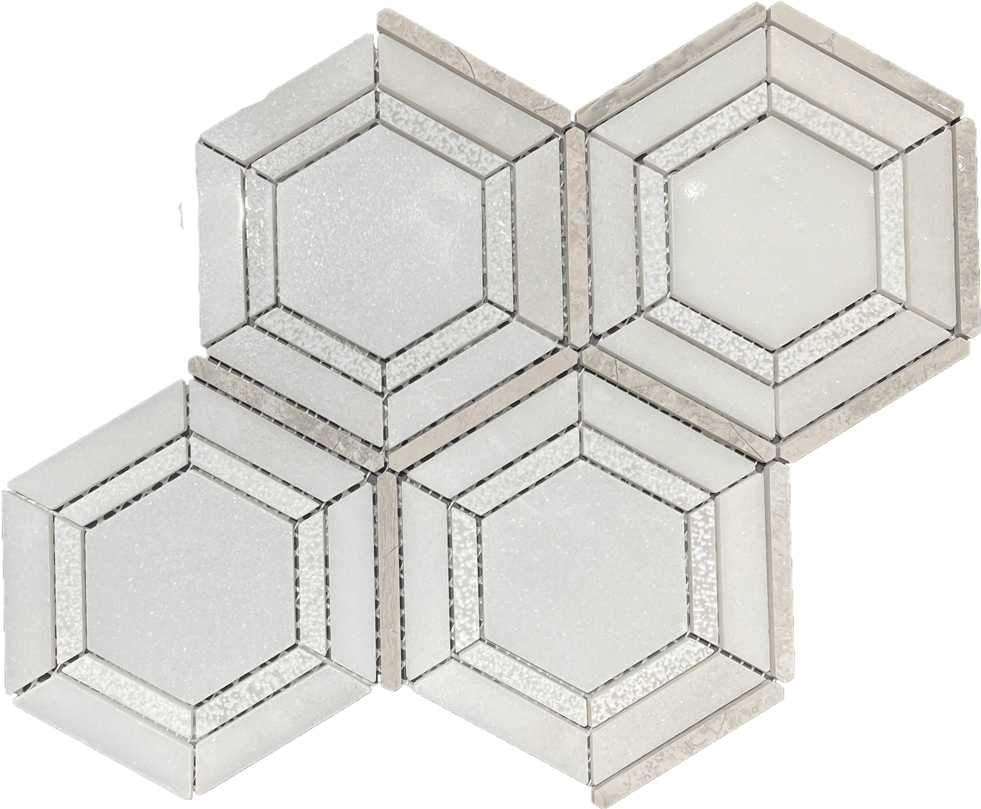 Artemis Hex marble mosaic tile with soft veining, elegant for kitchen backsplashes or bathroom walls.