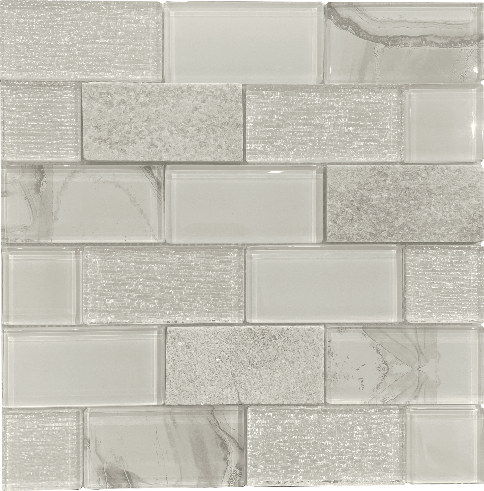 Aosta brick-patterned mosaic tile in neutral shades, perfect for contemporary bathroom walls and kitchen accents