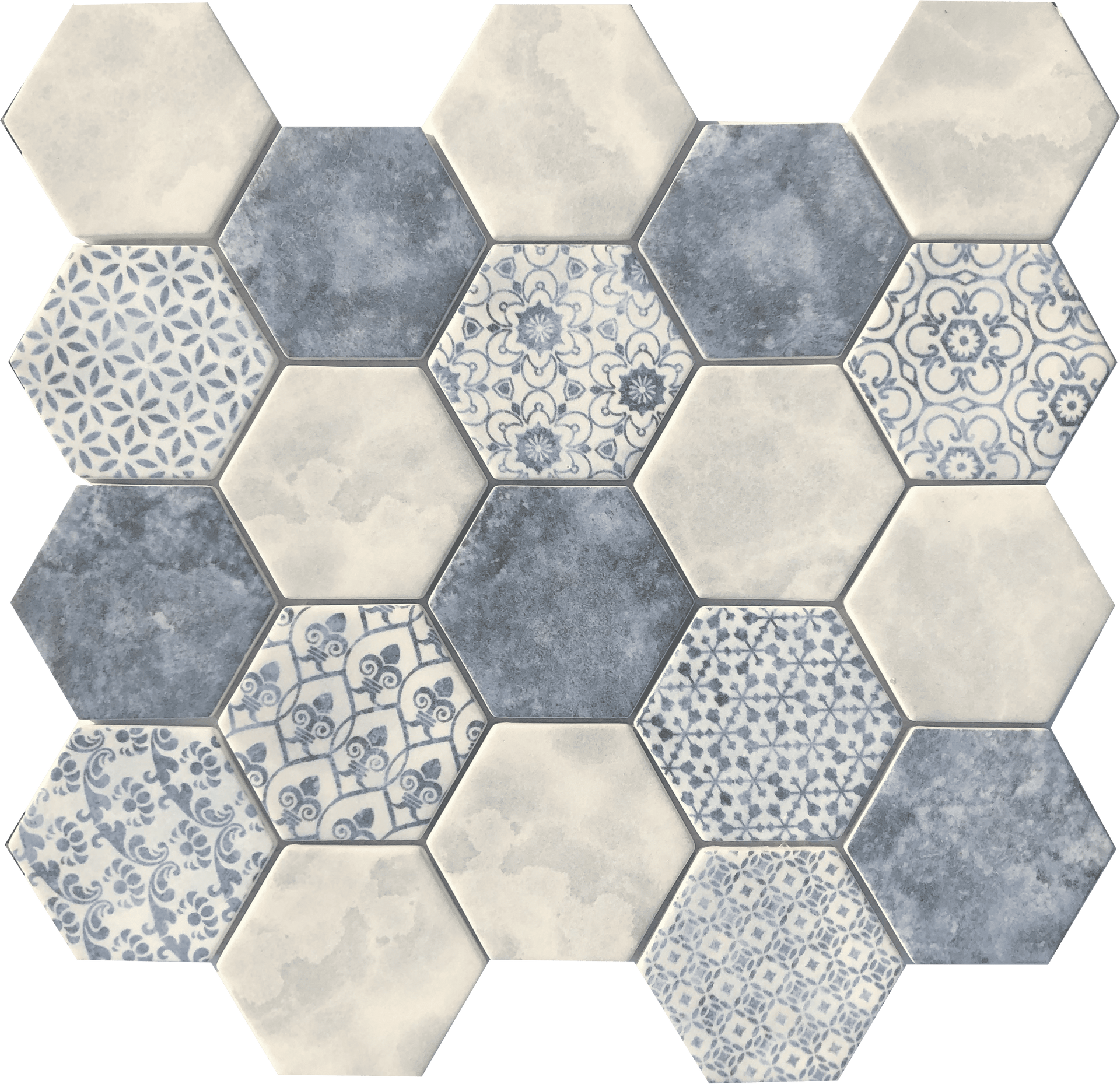 Azulejo Hexagon tile with Mediterranean blue tones and patterns, great for artistic accent walls.