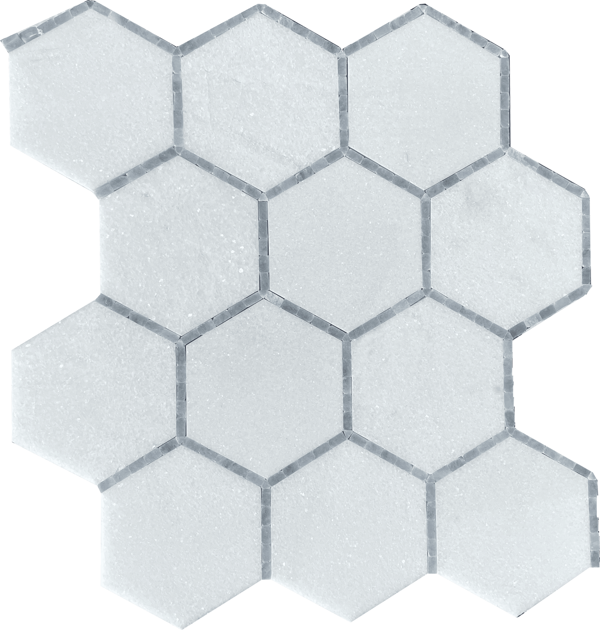 Bianco Elegante Hex mosaic tile in classic white marble, sleek for elegant bathrooms or kitchen walls.