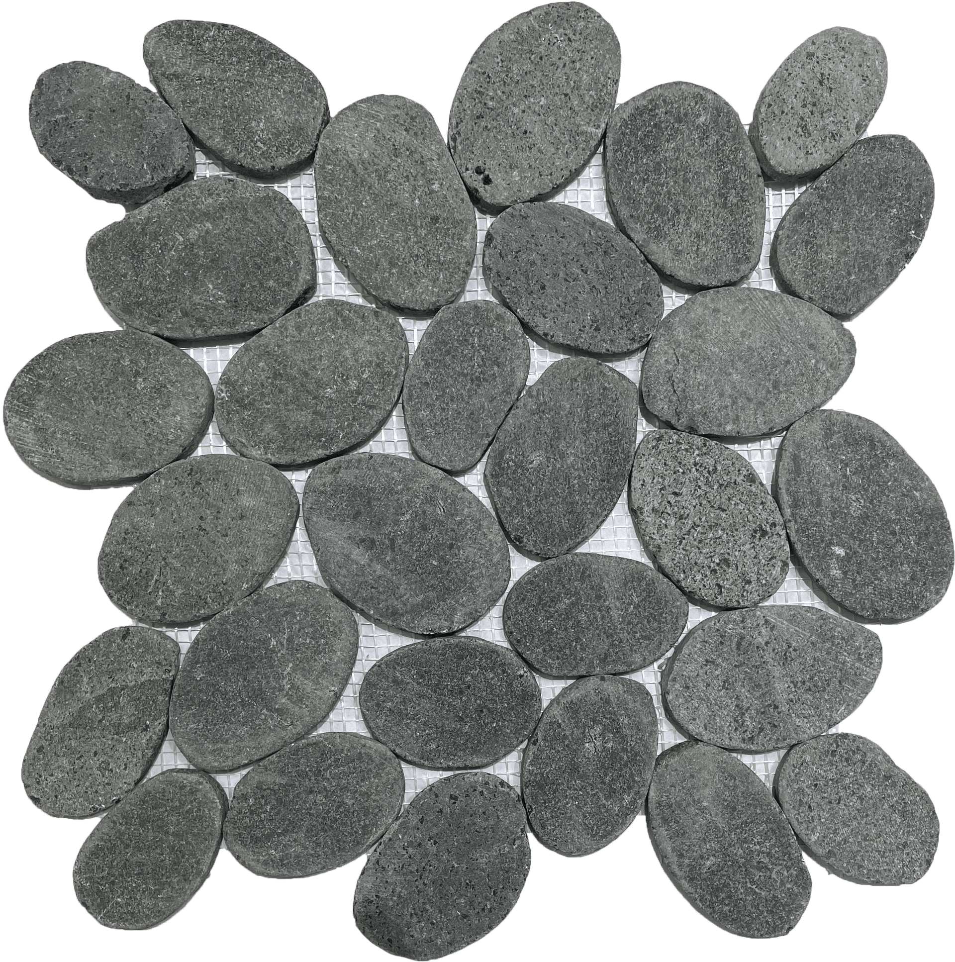 Black Lava Jumbo Stone mosaic tile with textured dark stone, ideal for bold floors or statement walls.