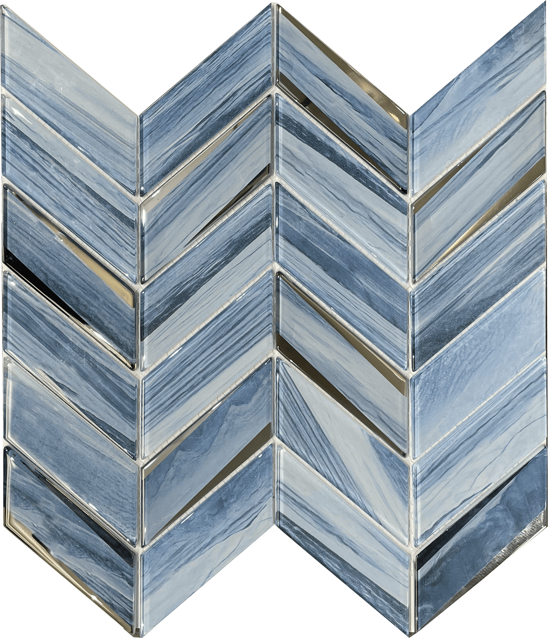 Blue Marble Chevron tile with elegant V-shaped pattern, perfect for backsplashes or modern wall accents.