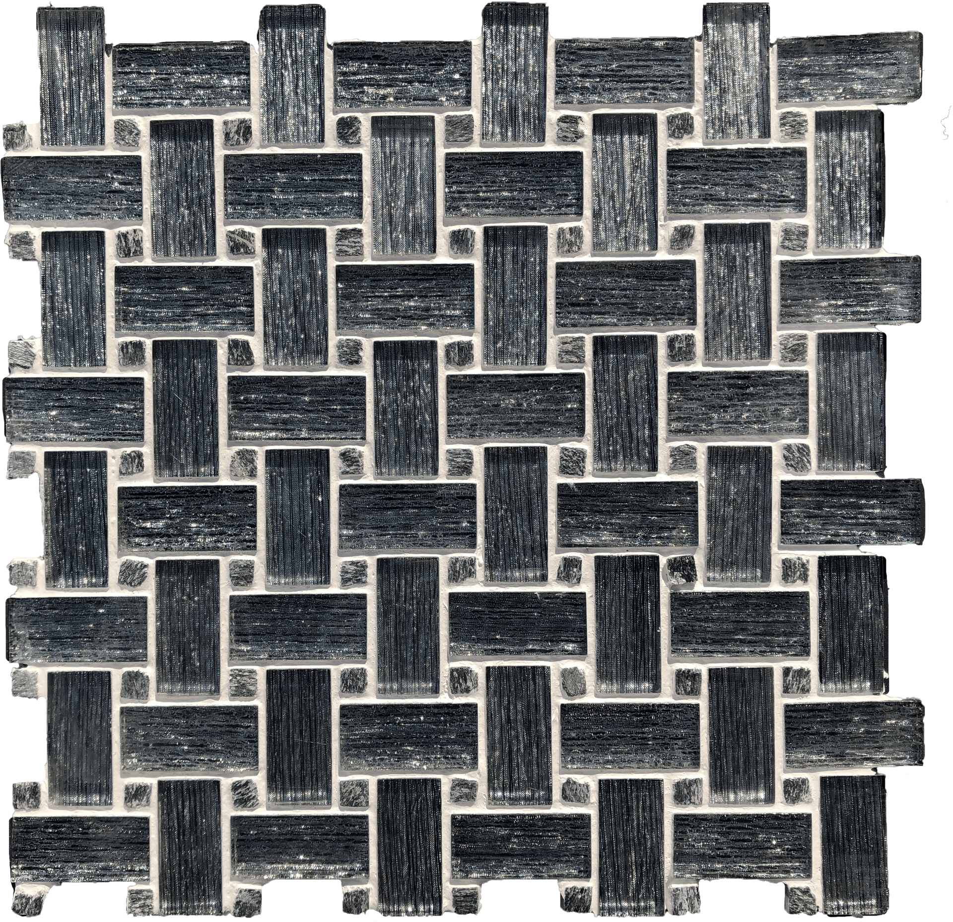 Crystal Weave Nero mosaic tile featuring interlaced black glass, perfect for dramatic accent walls.