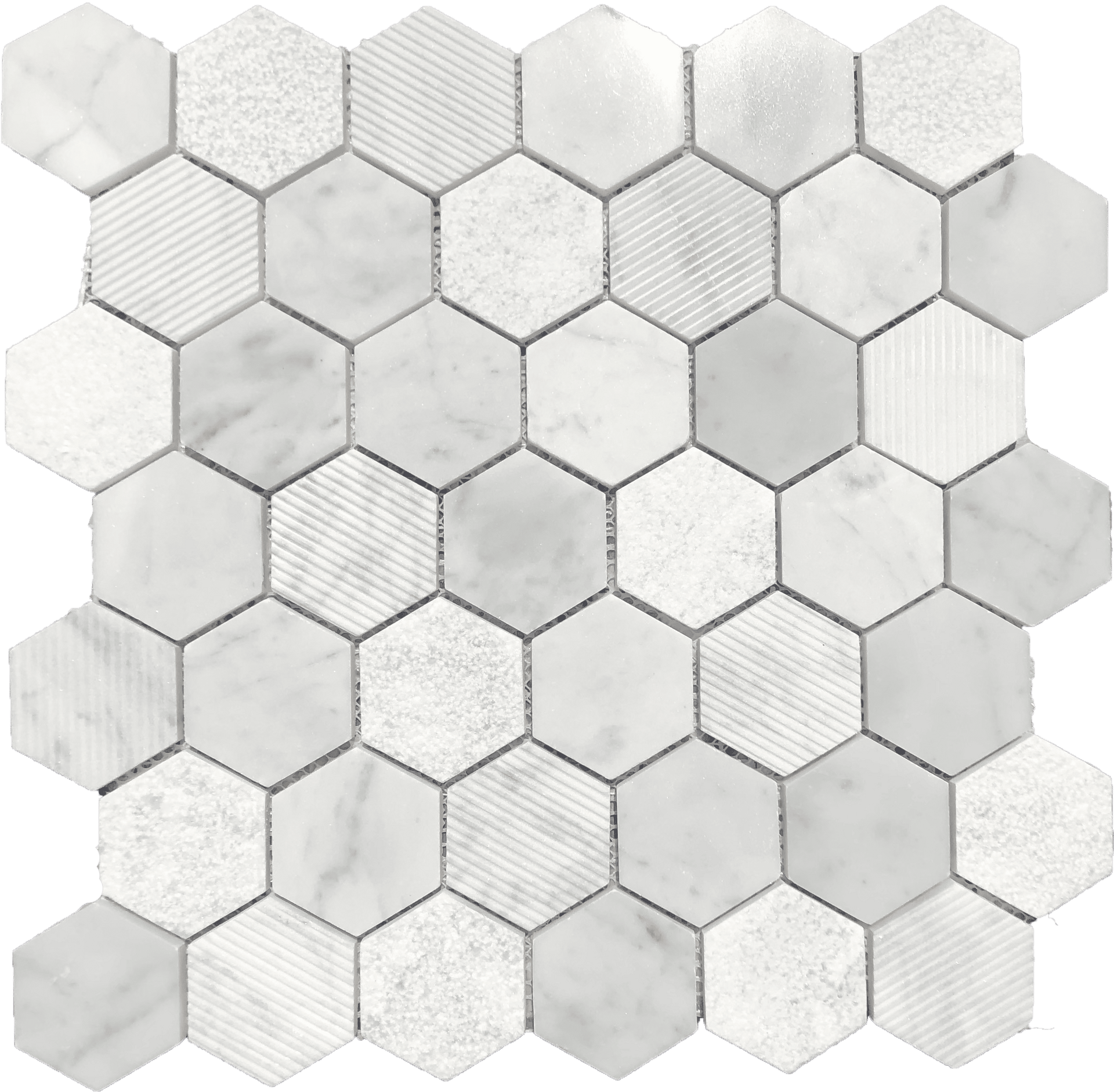 Carrara Hexagon Structured tile with raised texture, adds depth to modern bathrooms and kitchens.