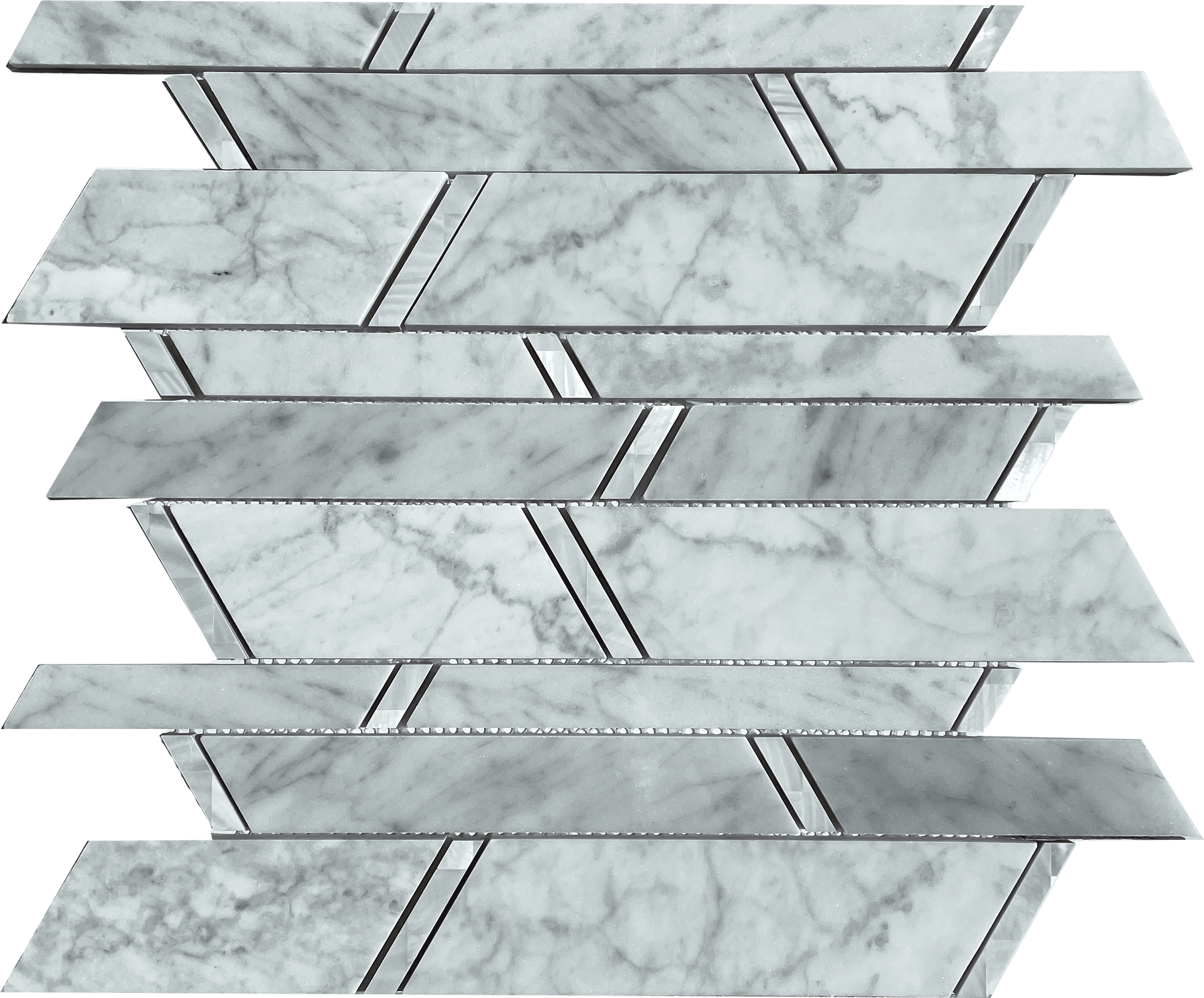 Carrara Lombardo Slant mosaic with angled cuts in white marble, perfect for chic and modern interiors.
