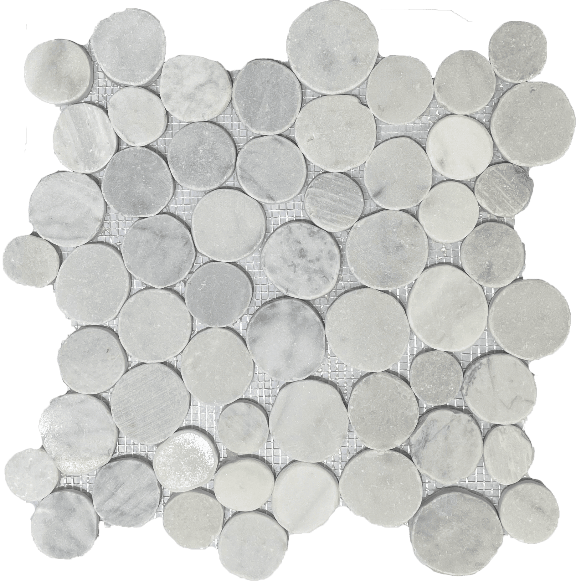 Carrara Moon Stone tile with circular marble pieces, soft and stylish for mosaic feature walls or floors.