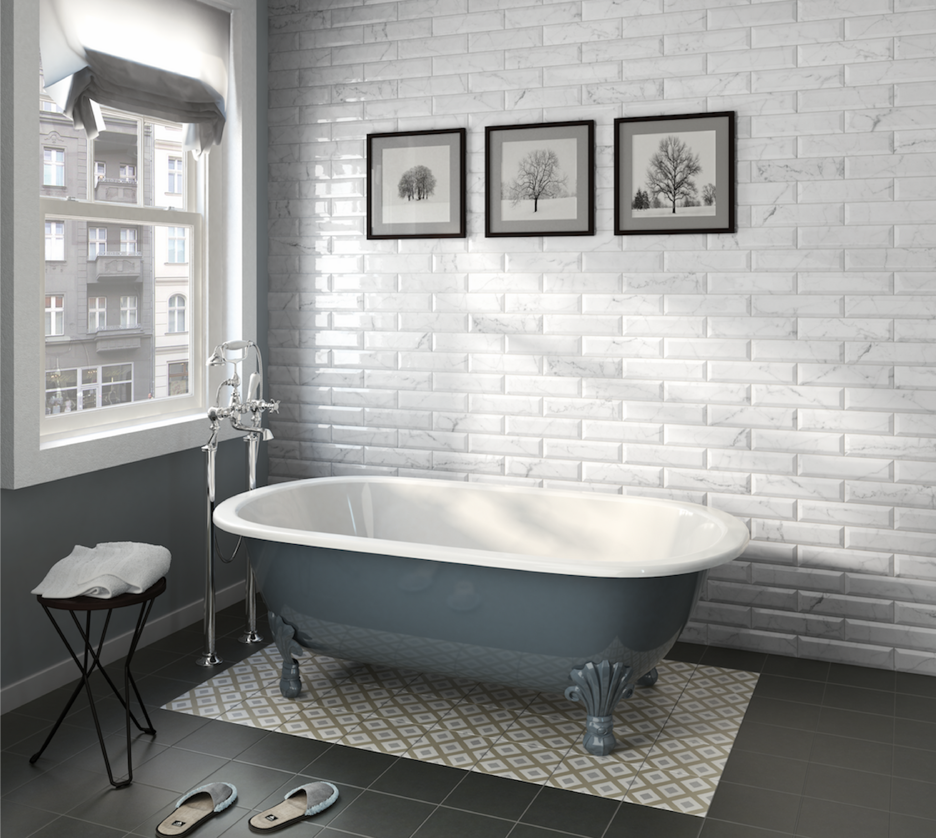 Glossy 3x12 Carrara subway tile with classic marble veining