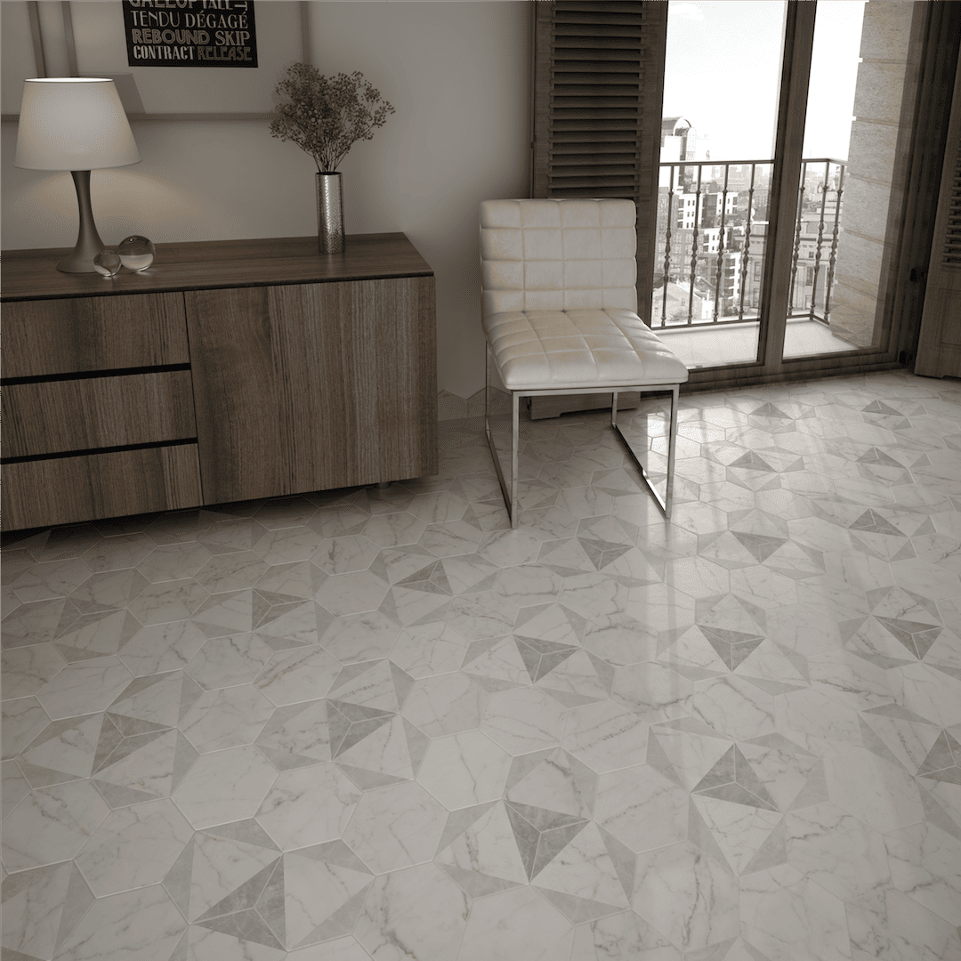 Unique hex pattern tile with marble texture and geometric peak accents