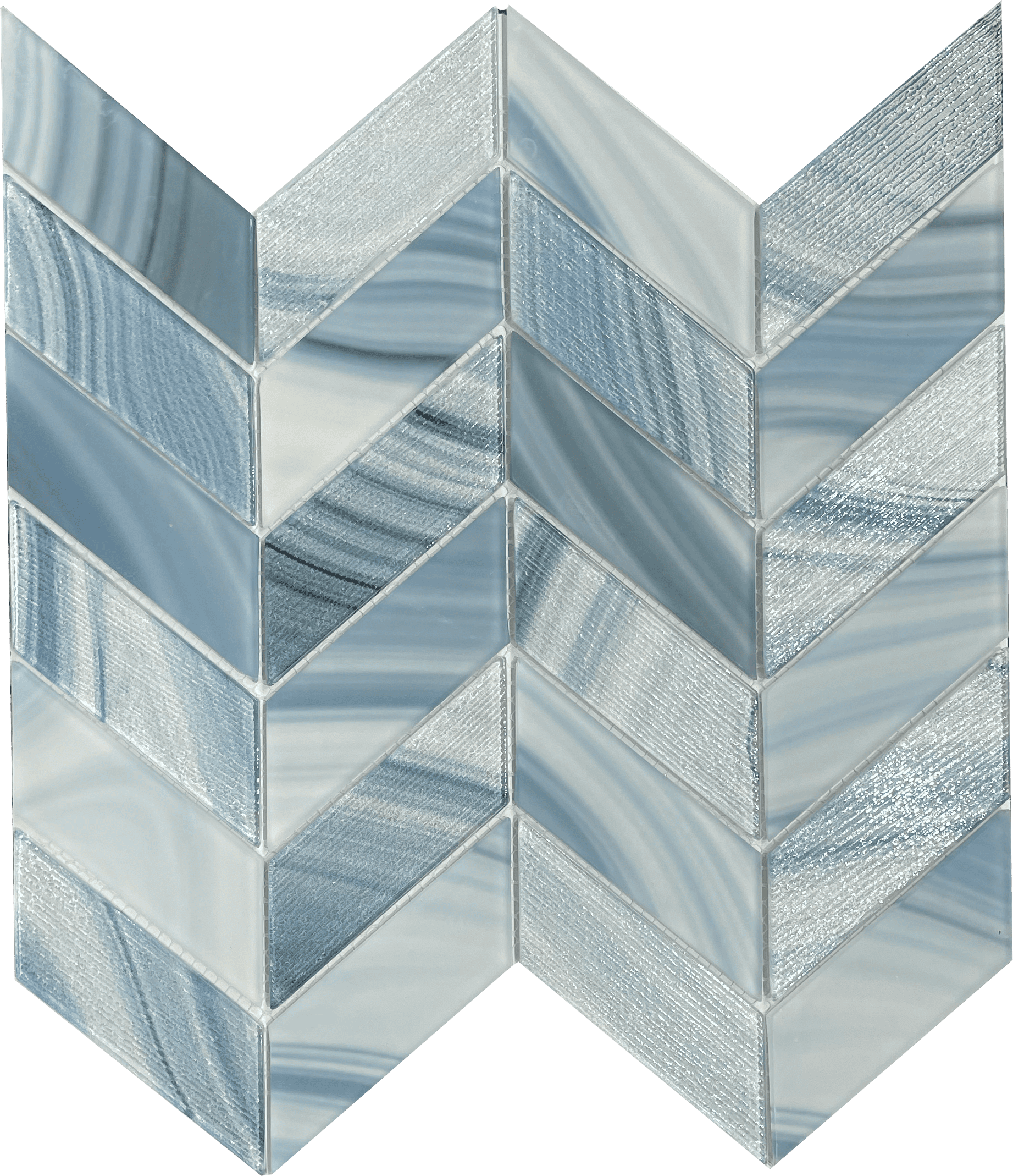 Cassia Blue Chevron glass mosaic tile with bold blue V-shaped pattern, ideal for modern kitchen backsplashes.