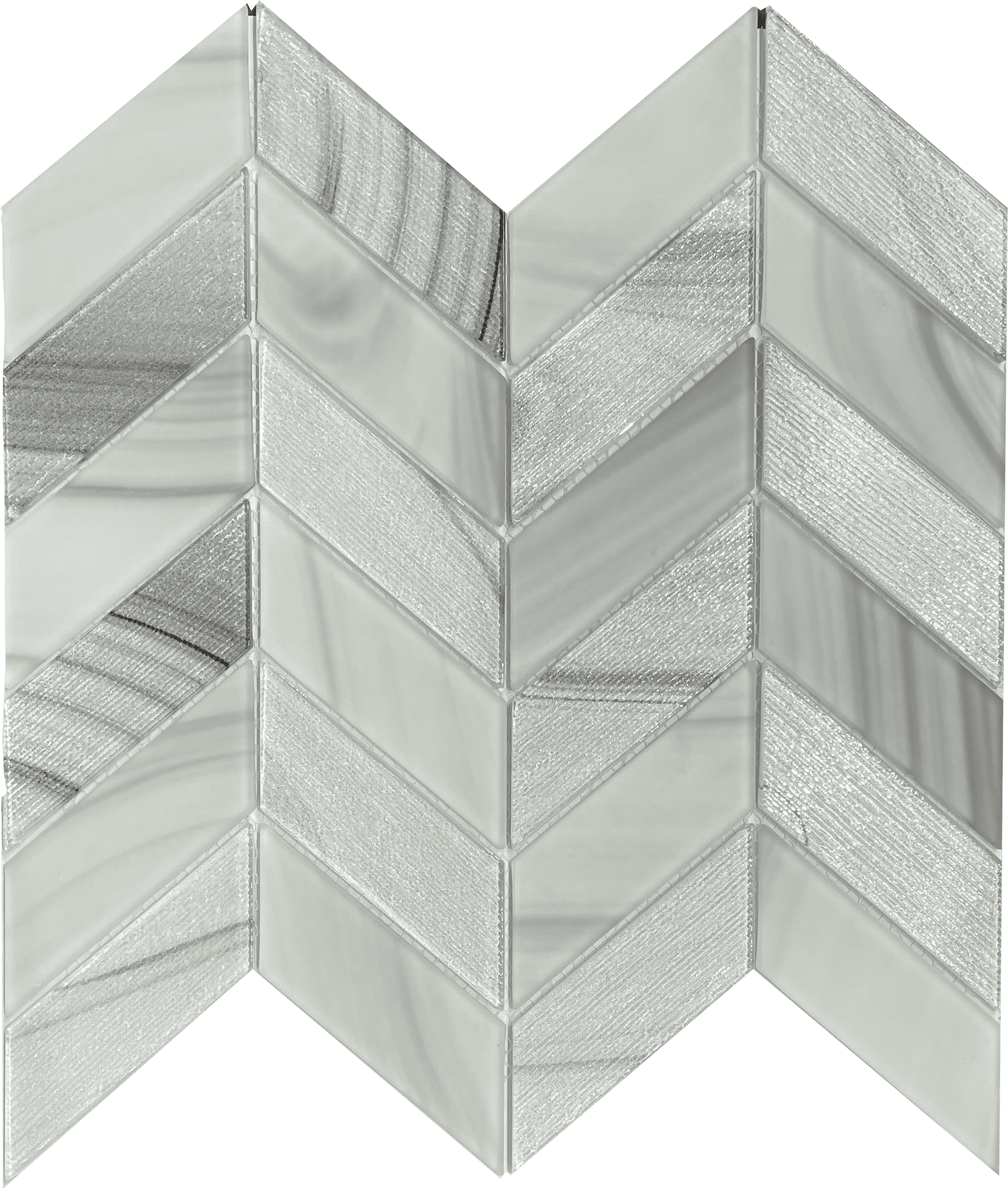 Cassia White Chevron glass mosaic tile in crisp white tones, perfect for contemporary bathroom walls.