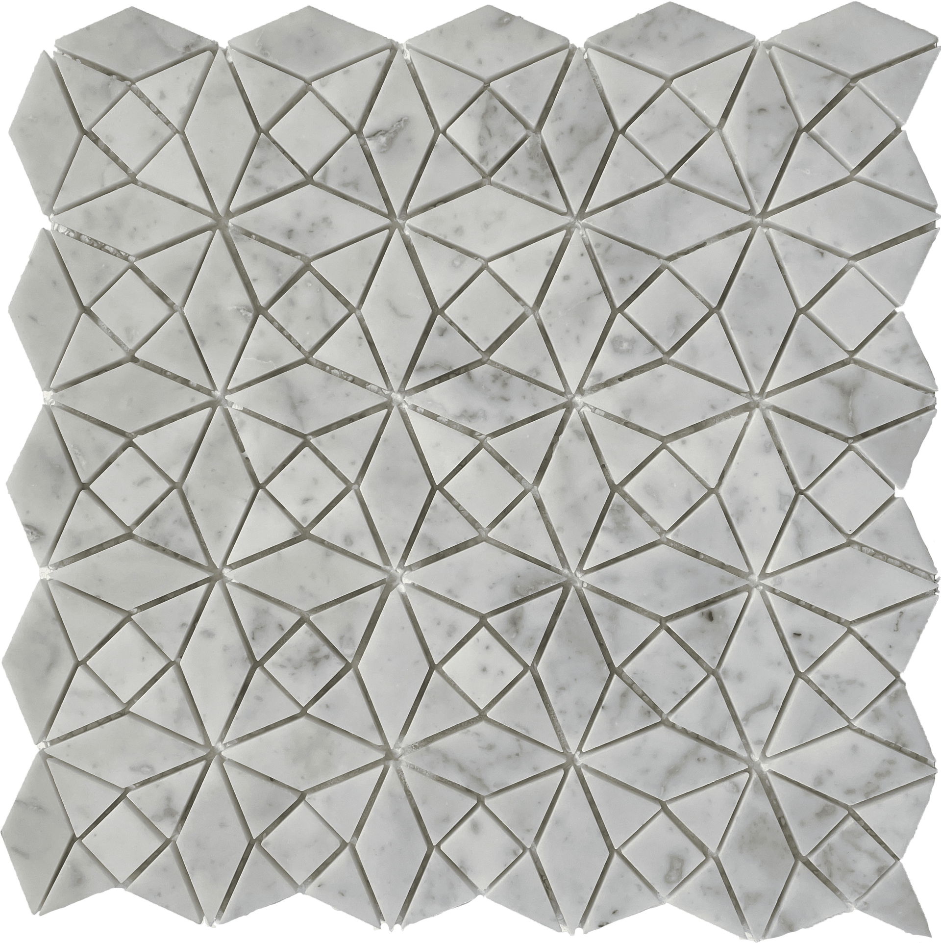 Catania Carrara mosaic tile combining white and gray stones in a geometric pattern, suitable for floors and wet areas.