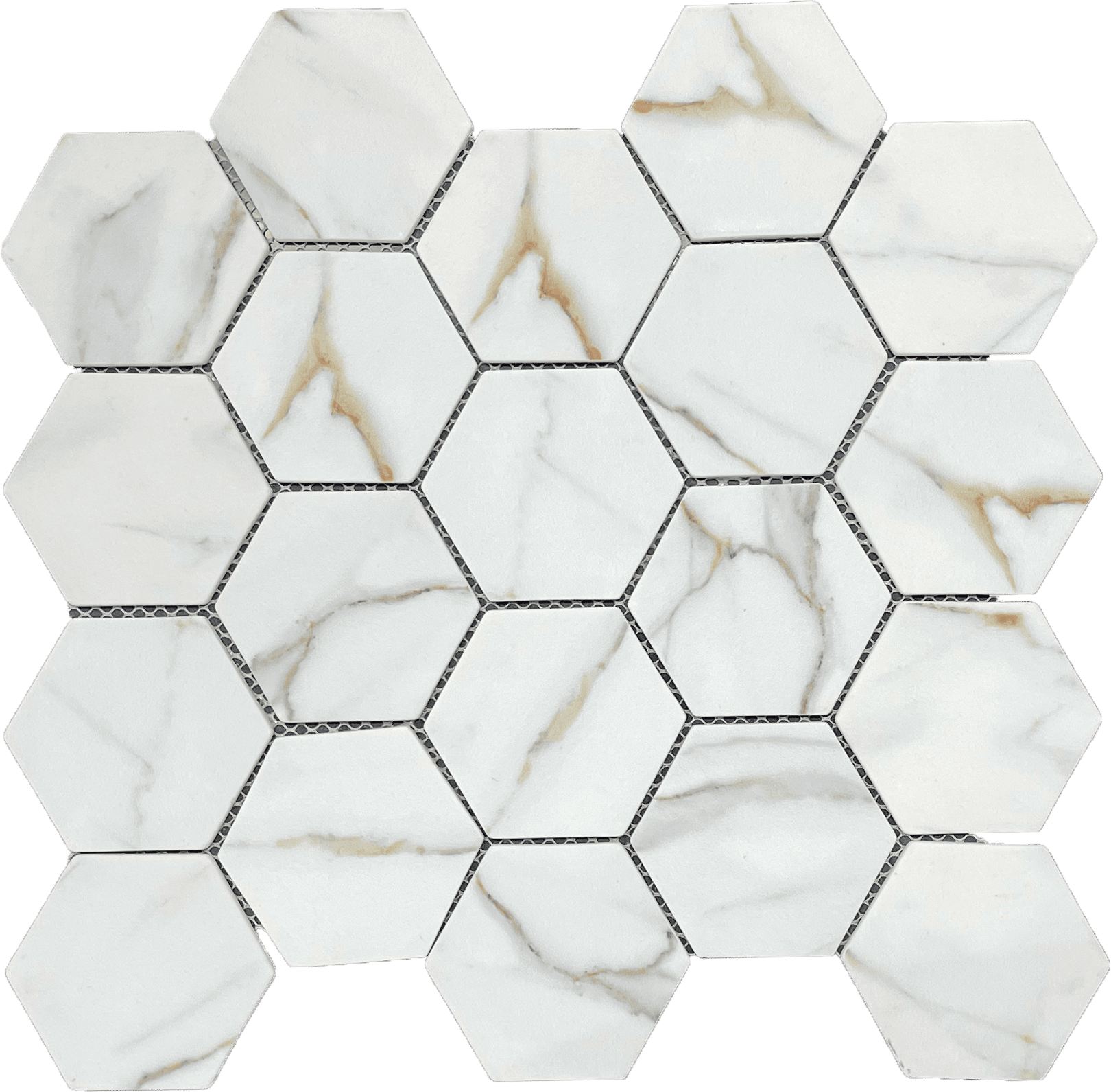 Celine Calacatta Hex glass mosaic tile featuring white hexagons with subtle veining, perfect for elegant backsplashes.