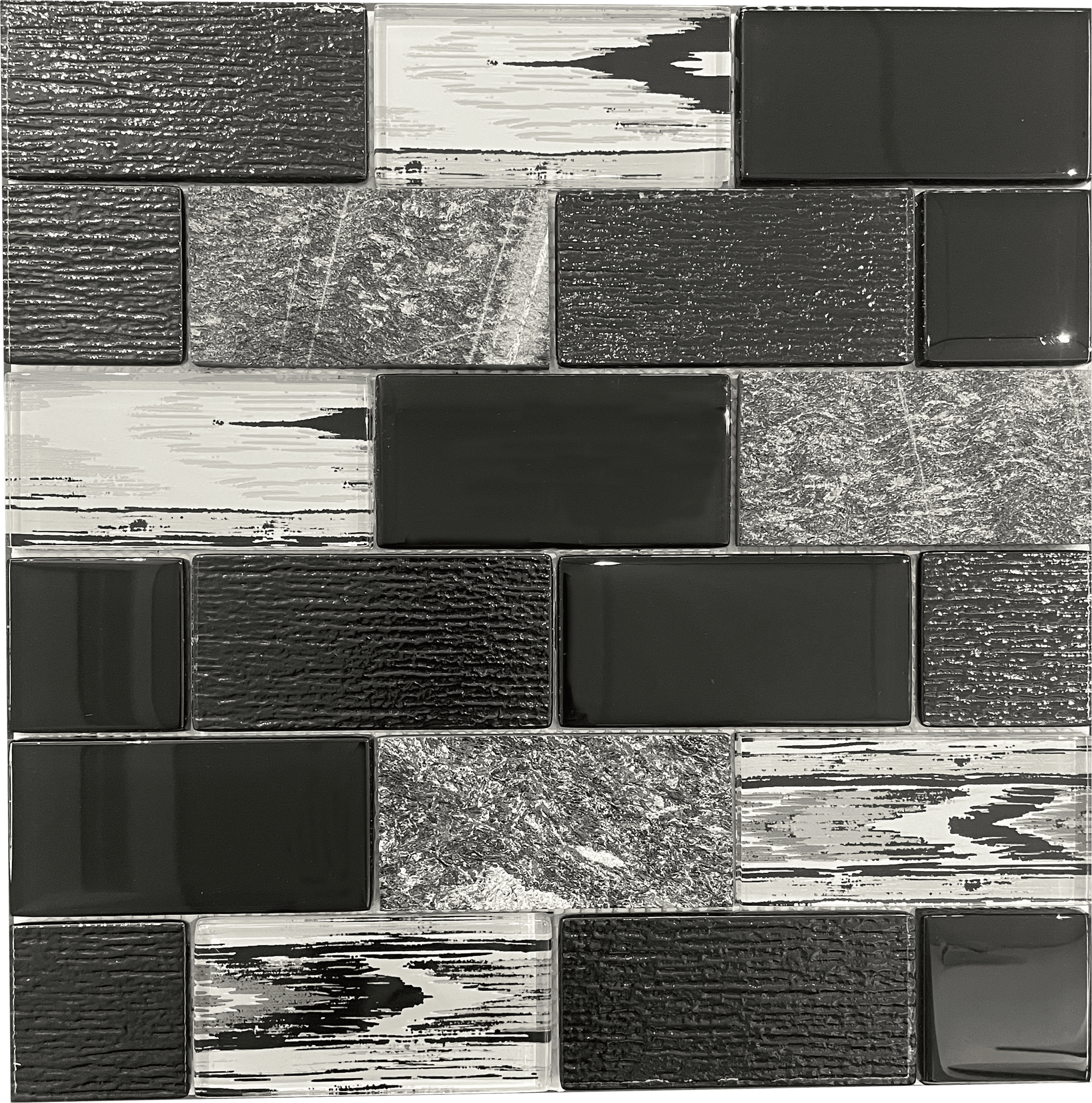 Cheever Place Black Glass mosaic tile combining black and white glass with natural stone chips, perfect for accent walls.