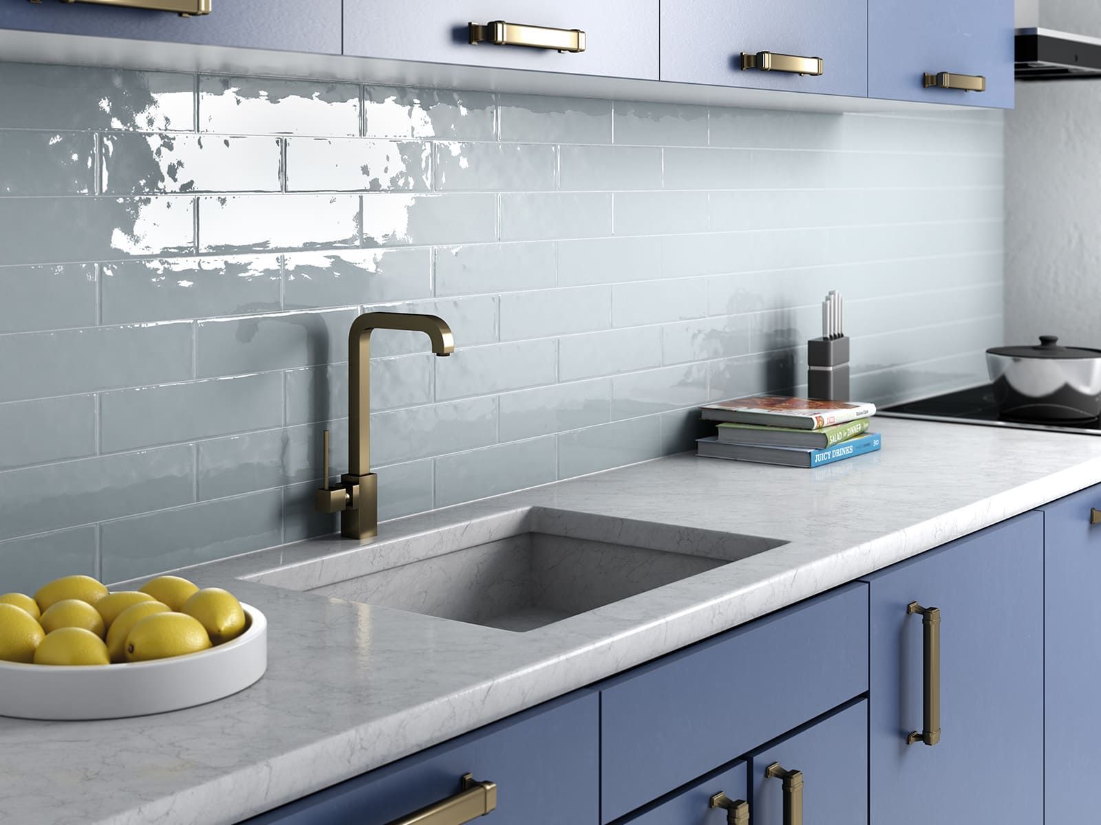 Soft Ash Blue ceramic tile in classic subway format from the Cottage collection