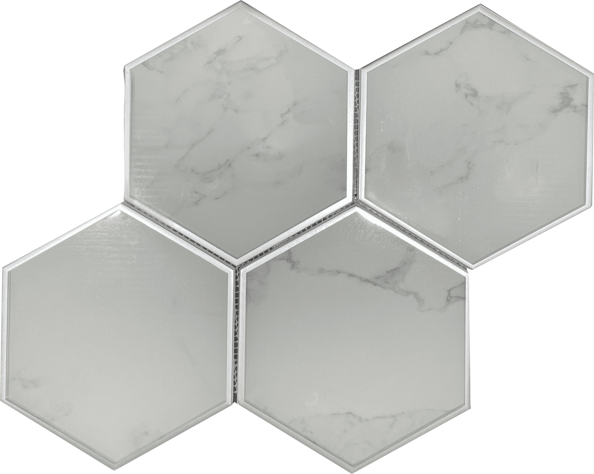 Large glass hexagon mosaic with Calacatta motif and silver edge, ideal for backsplashes and shower walls.