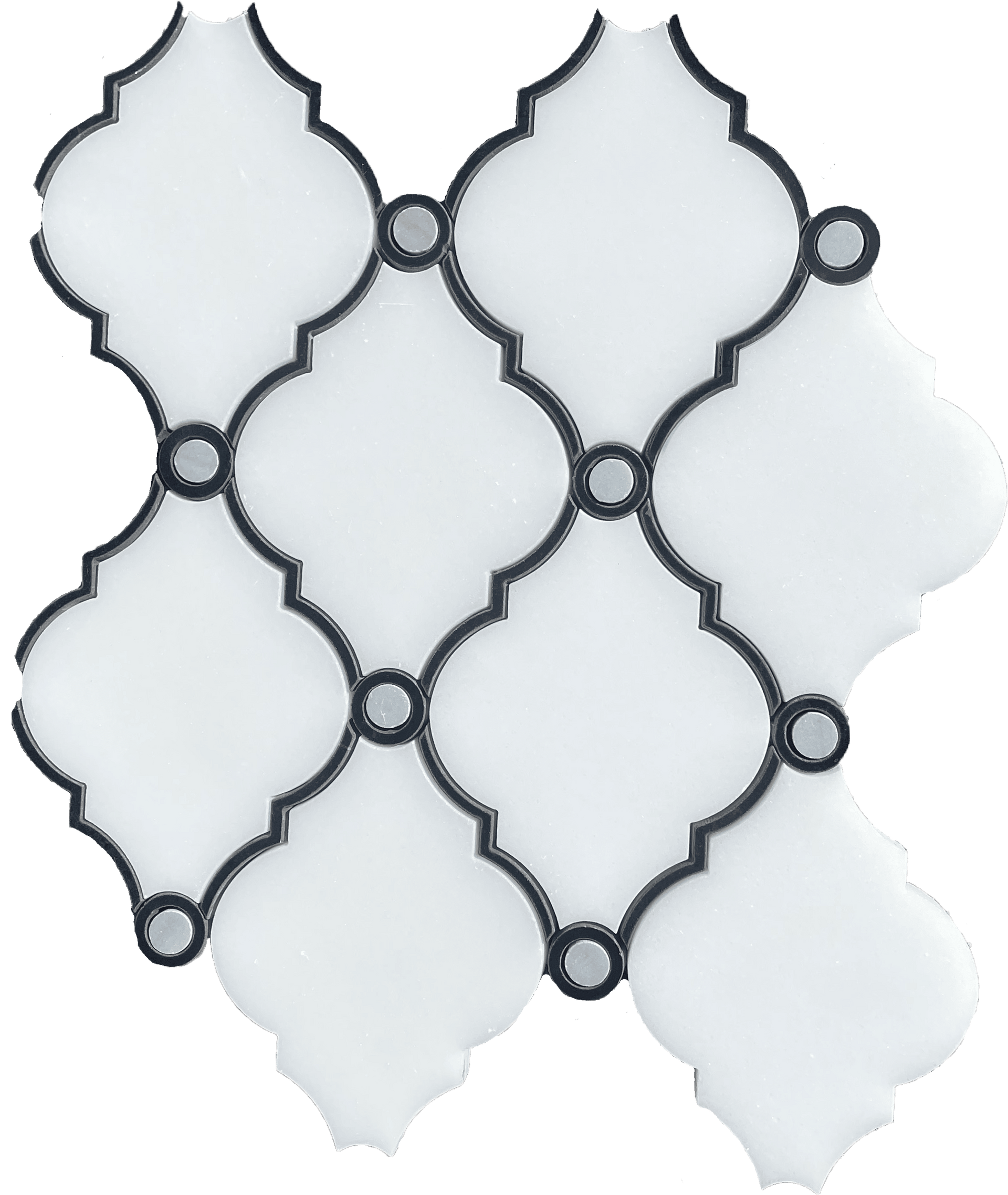 Polished white stone mosaic with black trimming in arabesque pattern, suitable for walls and wet areas.