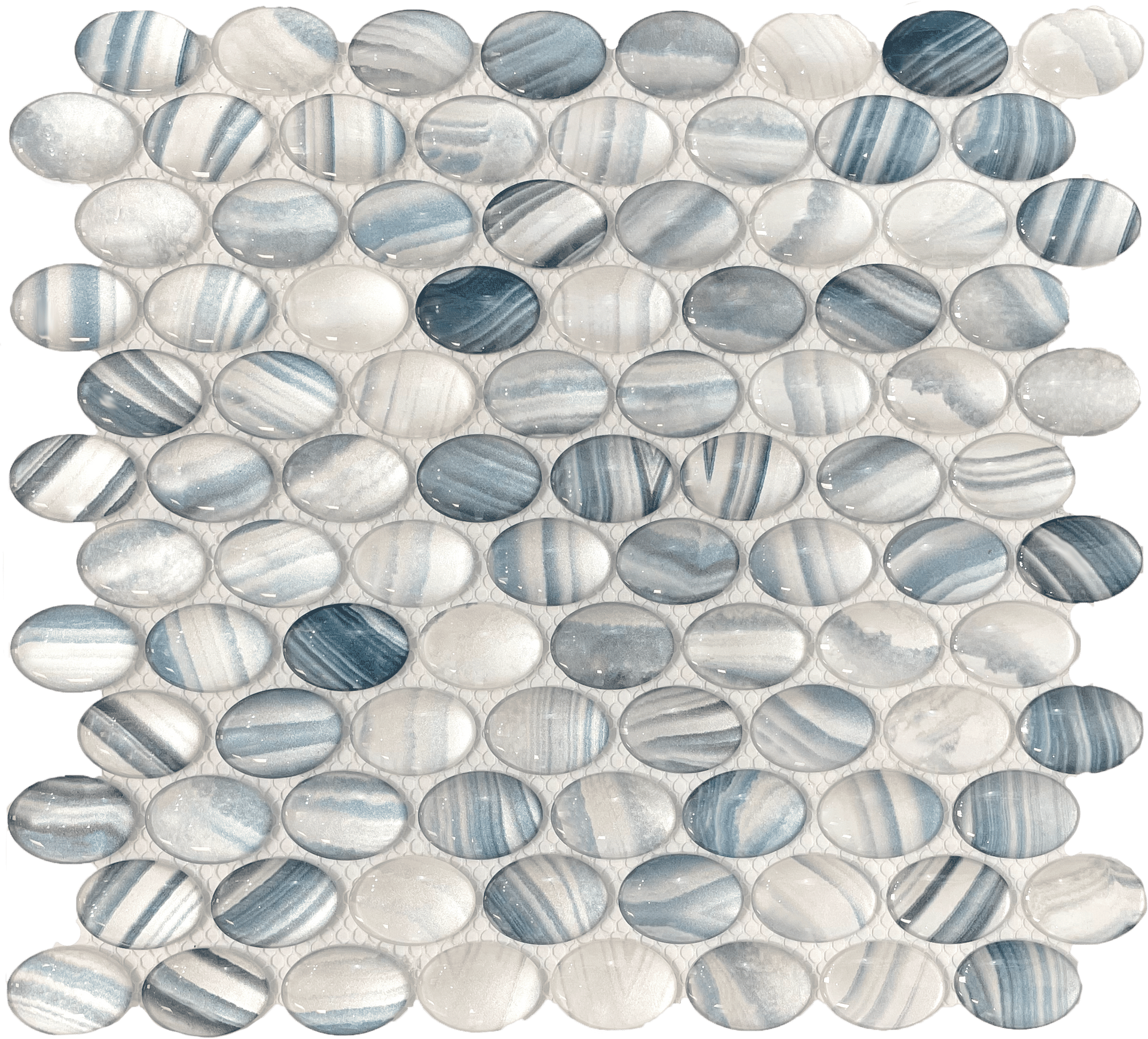 Azure blue glass mosaic tile in fish scale pattern, perfect for floors and walls.