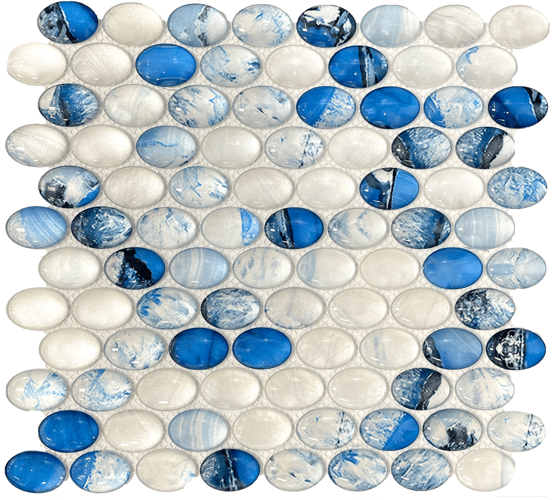 Blue, grey, and white glass mosaic in pebble pattern, waterproof and scratch-resistant for wall applications.