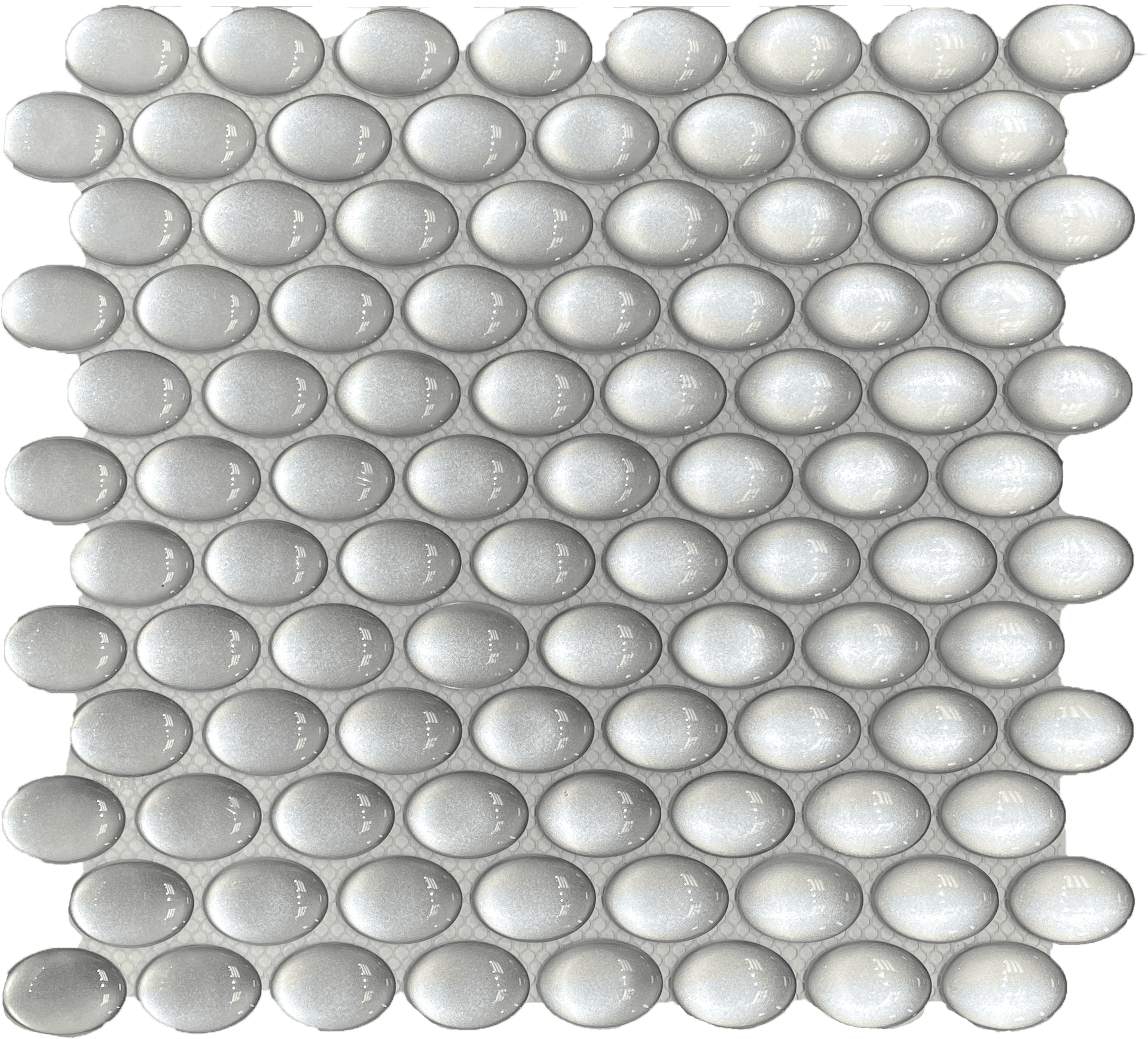 Silver metallic ellipse ceramic mosaic tile with glossy finish, ideal for stylish wall designs.