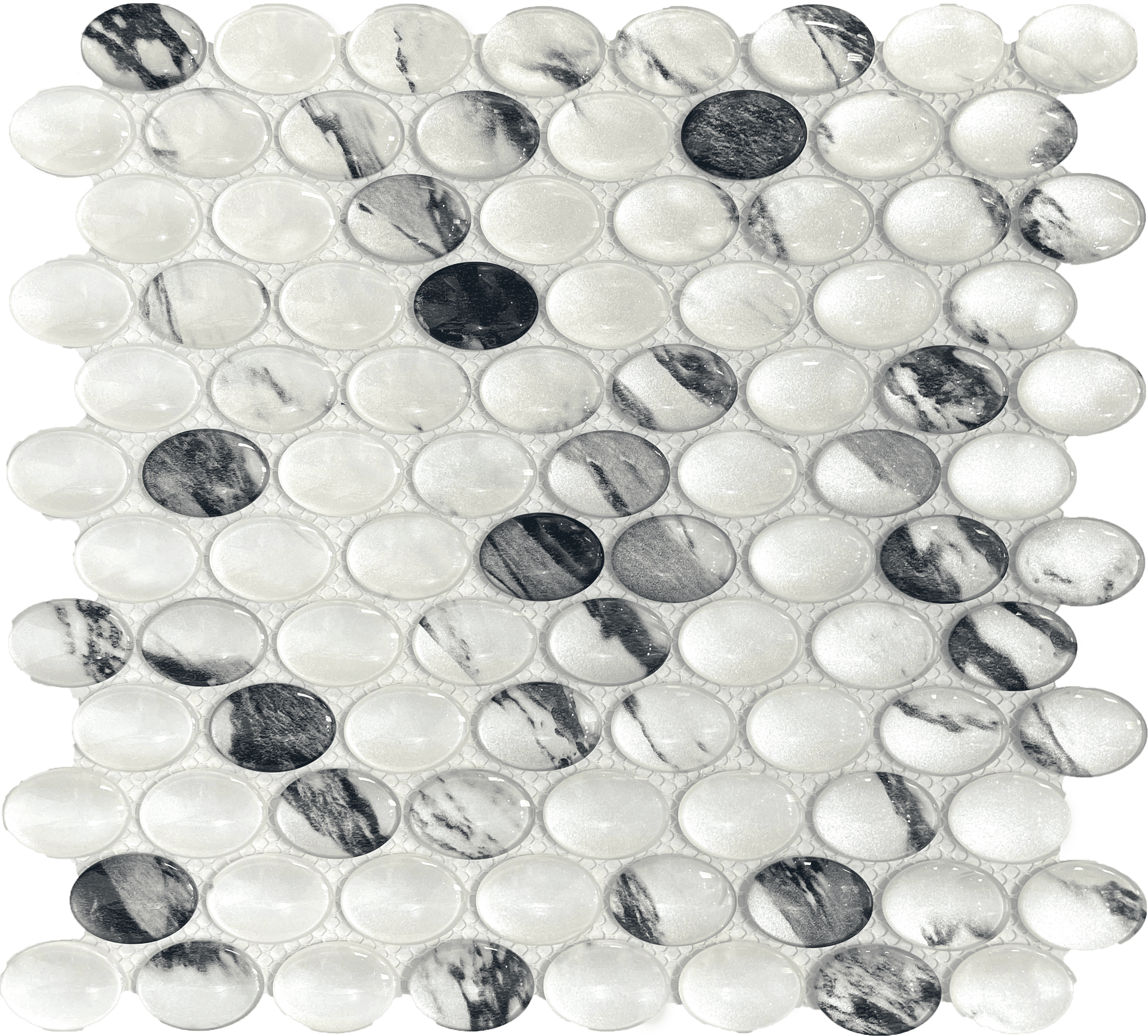 Venato marble-inspired glass mosaic tile with elegant ellipse shapes, perfect for bathroom walls.