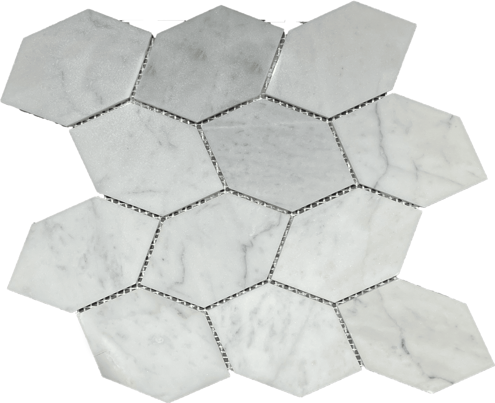 Carrara marble mosaic tile in elongated hexagon pattern, ideal for classic bathroom designs.