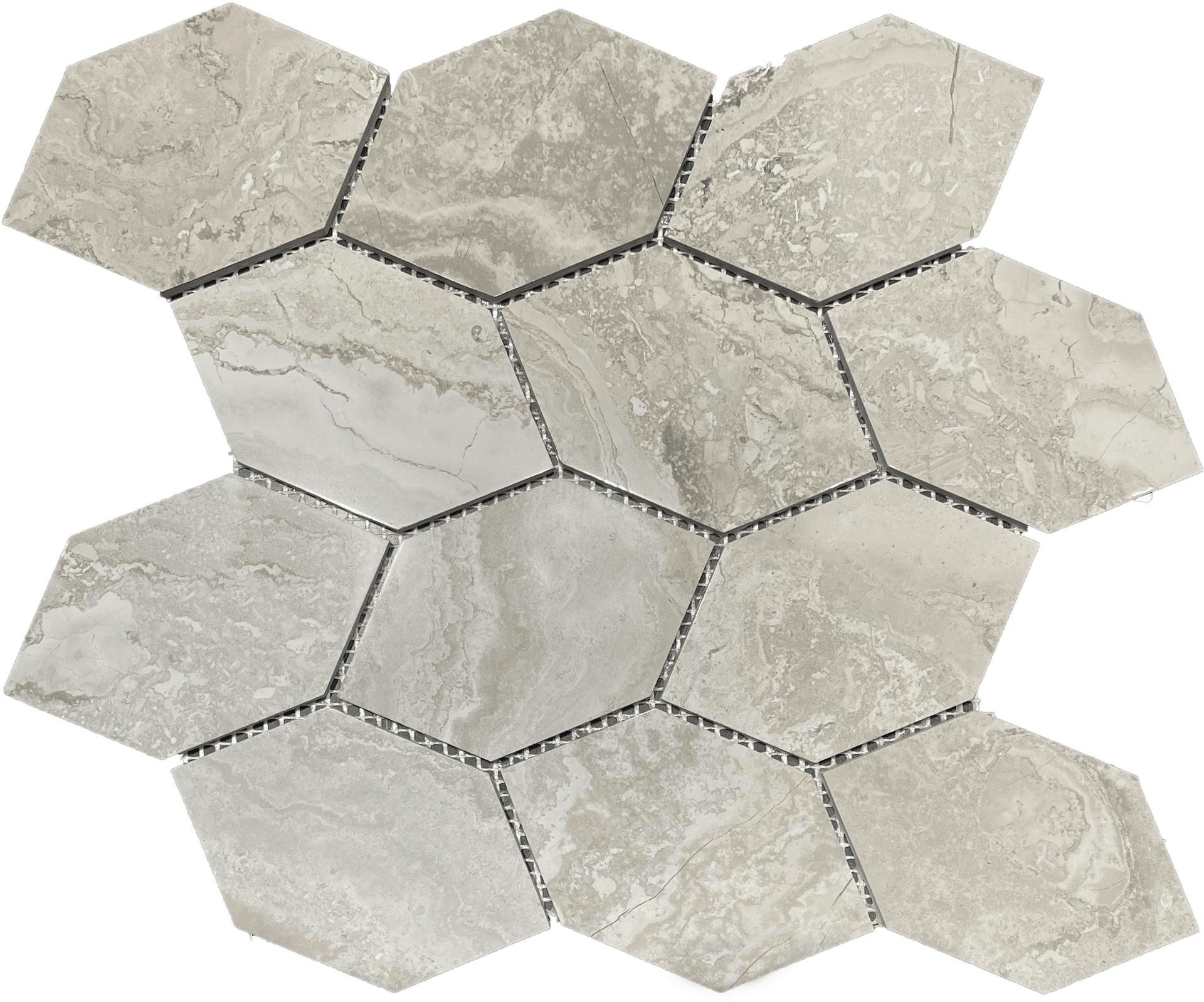 Grigio-toned marble mosaic tile with elongated hex shapes, suitable for modern kitchens.
