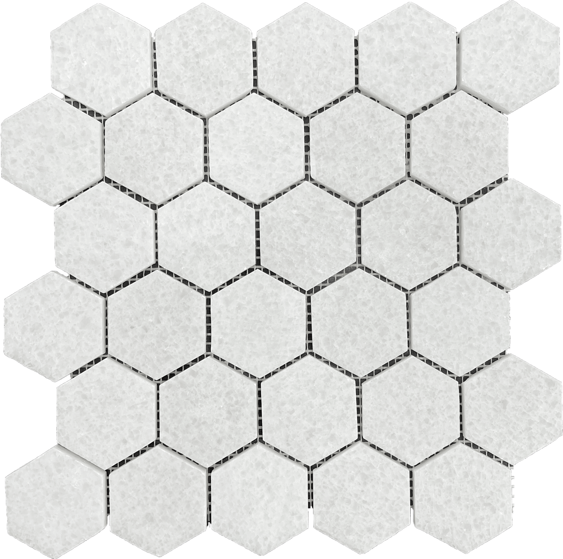 Smooth white hexagon glass mosaic tile, perfect for clean and modern bathroom walls.