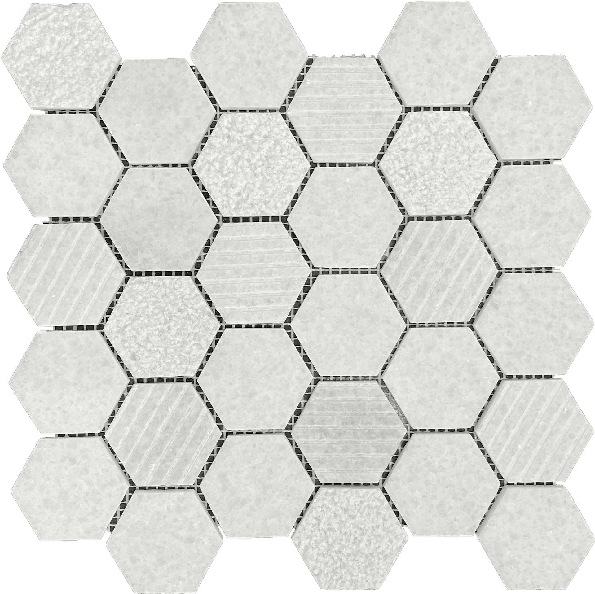 Textured white hexagon glass mosaic tile, ideal for adding depth to shower walls.