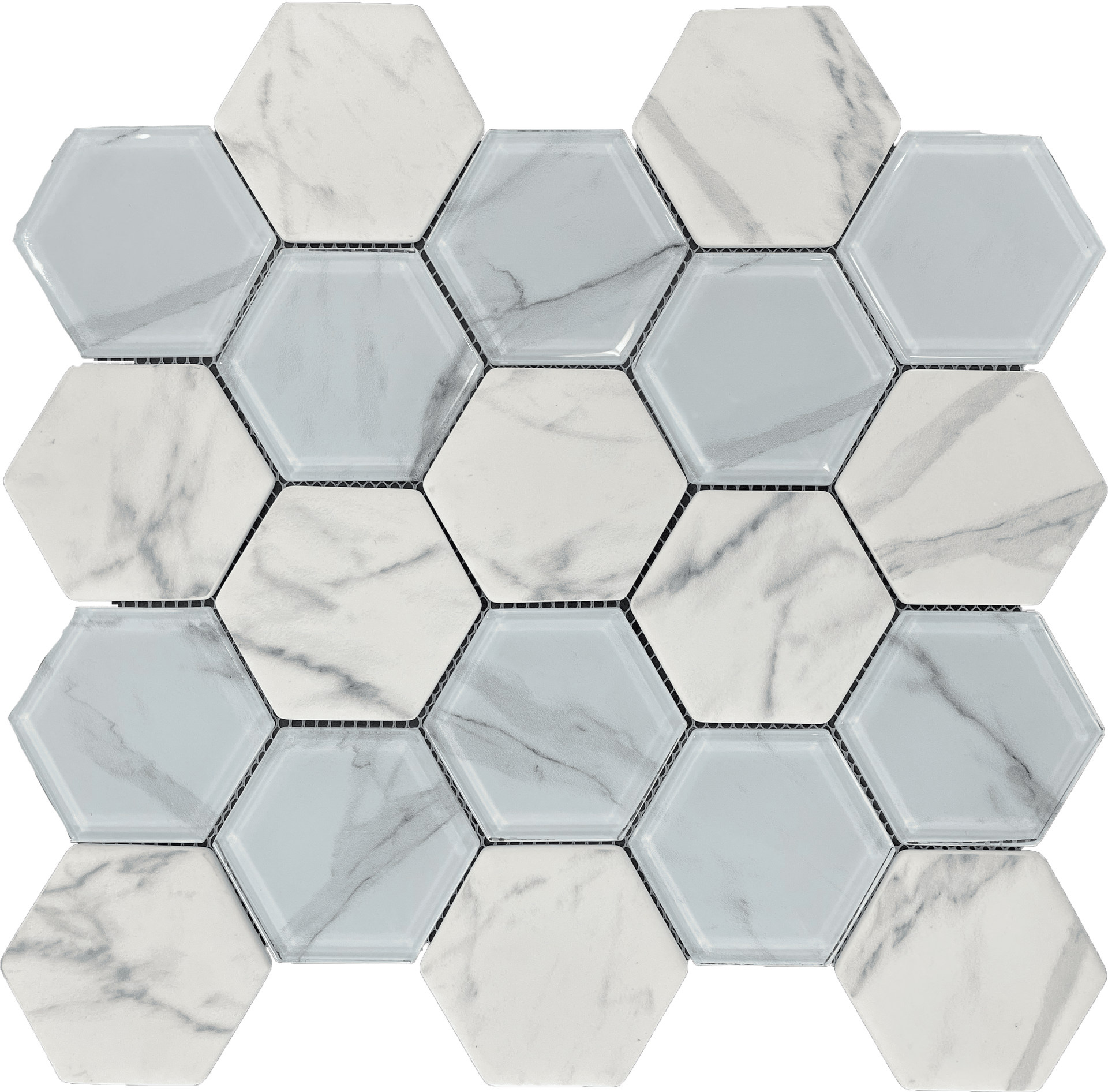 Calacatta-inspired glass mosaic tile with grand patterns, ideal for statement walls.