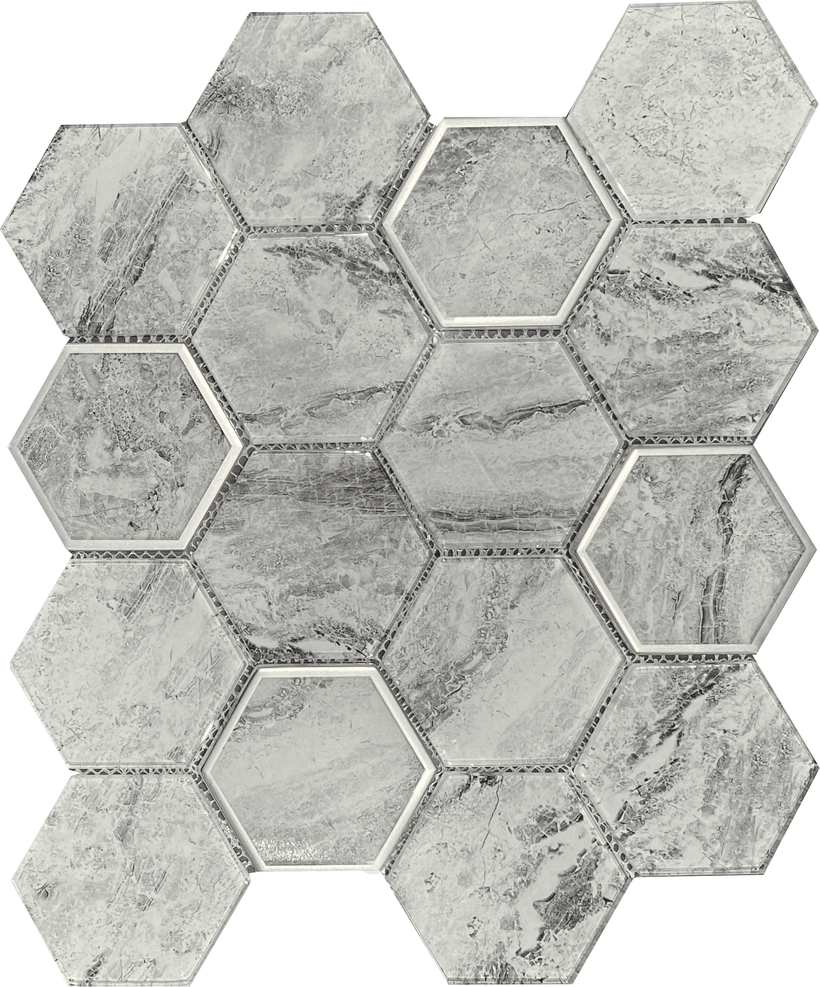 Smoky glass hexagon mosaic tile with subtle hues, perfect for modern bathroom walls.