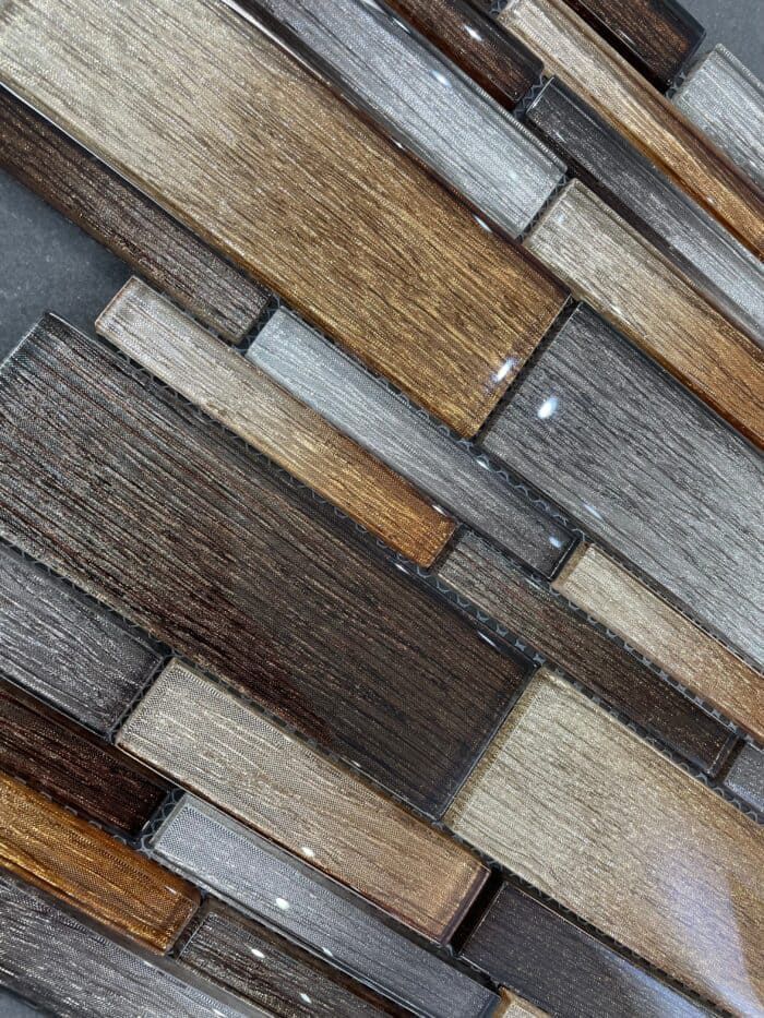 Volantis glass mosaic tile in shimmering copper tones, perfect for standout accent walls