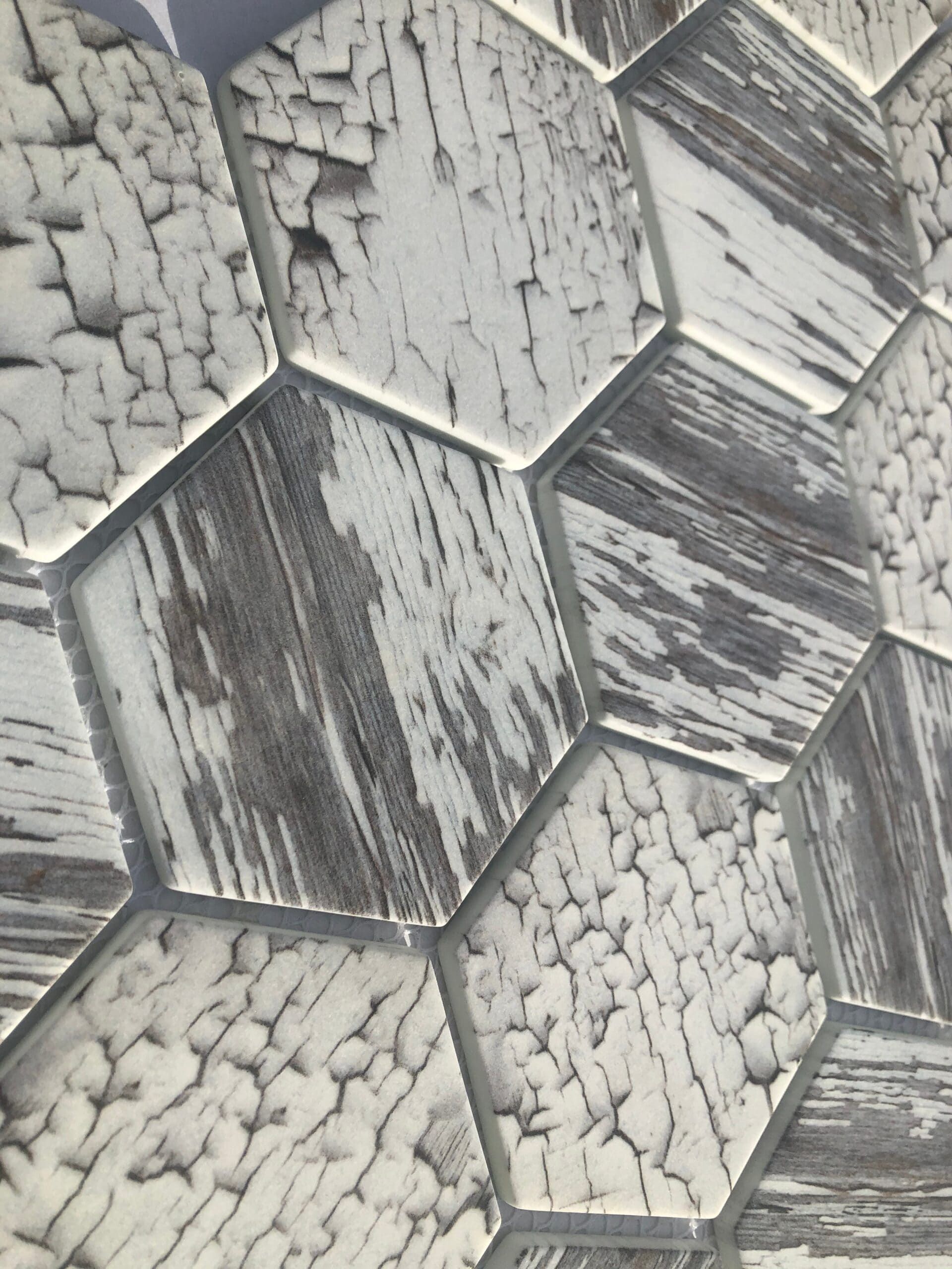 White Crackle Hex tile made from cracked recycled glass, stylish for eco-friendly bathroom or kitchen walls.