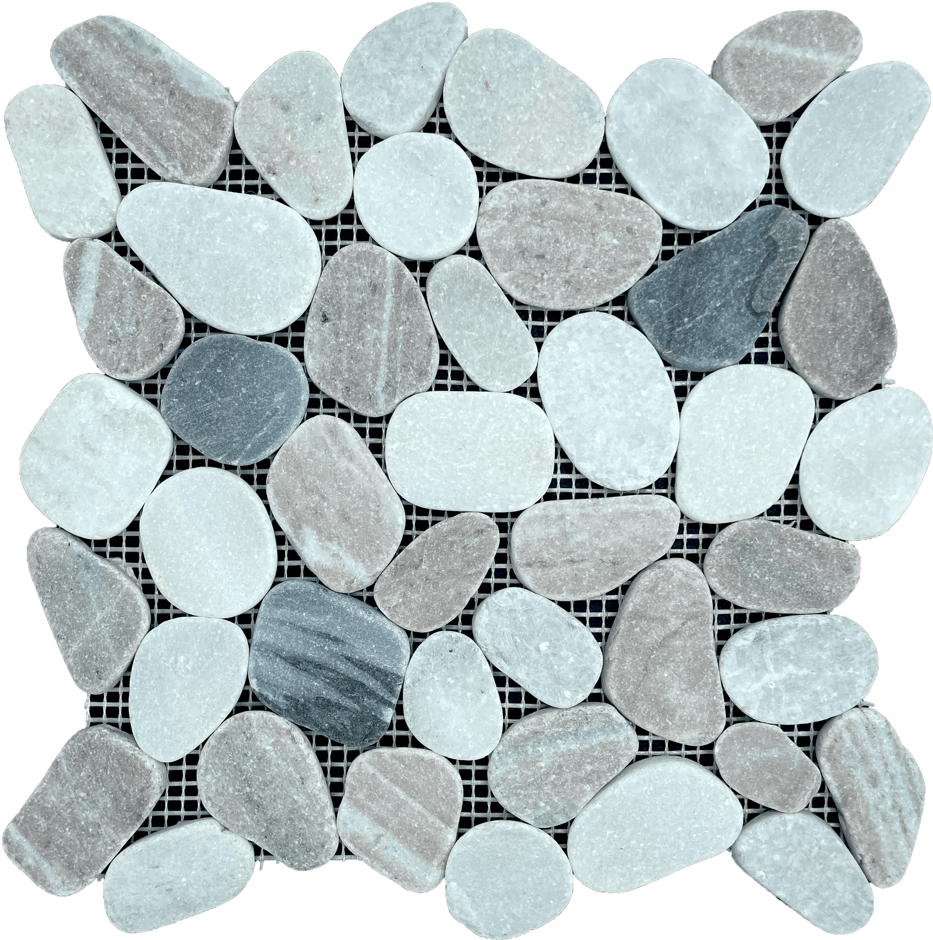 Natural stone pebble mosaic tile in earthy tones, suitable for rustic bathroom floors.