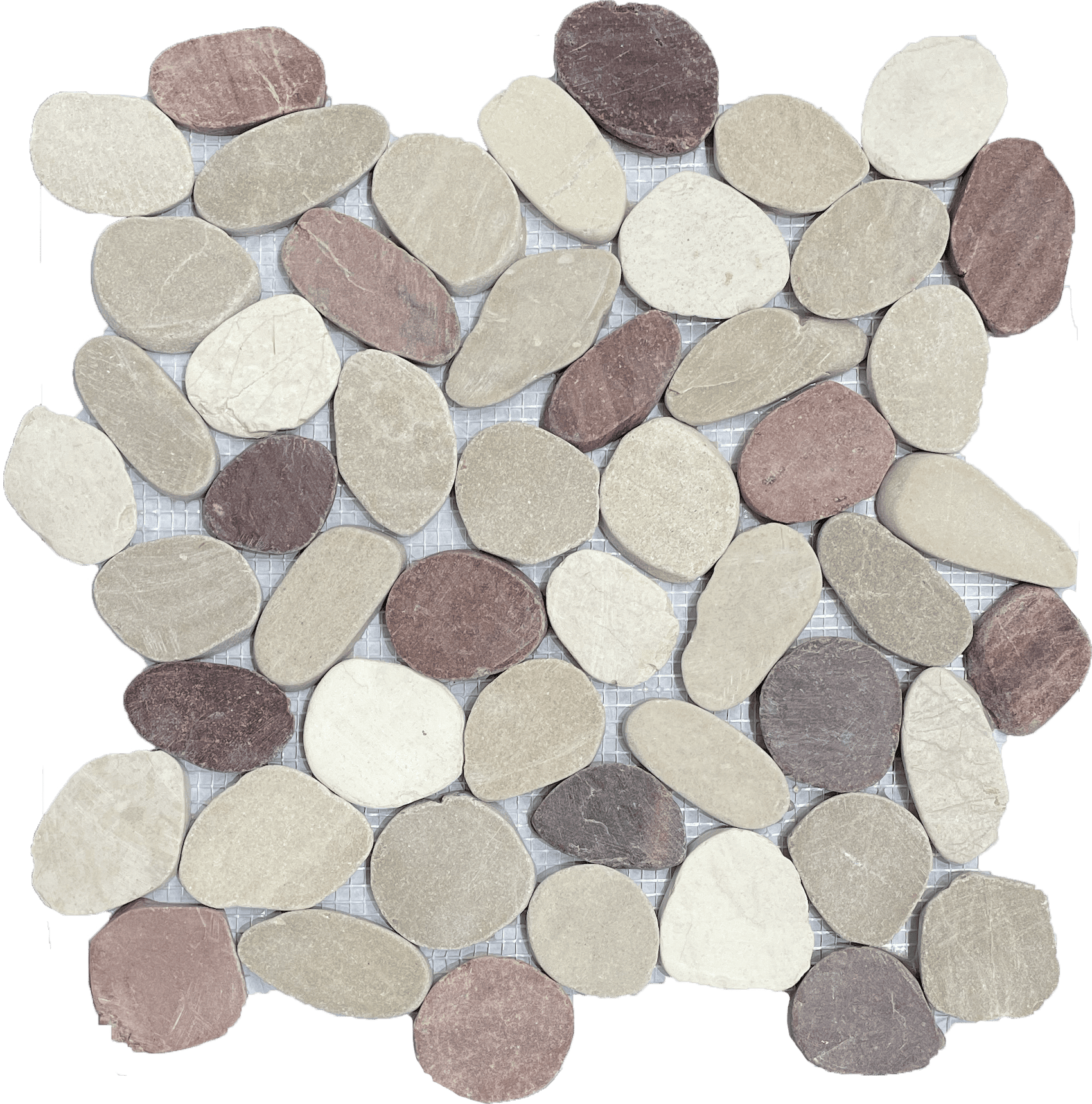 Sliced natural stone pebbles in beige tones, ideal for spa-style floors and shower walls.