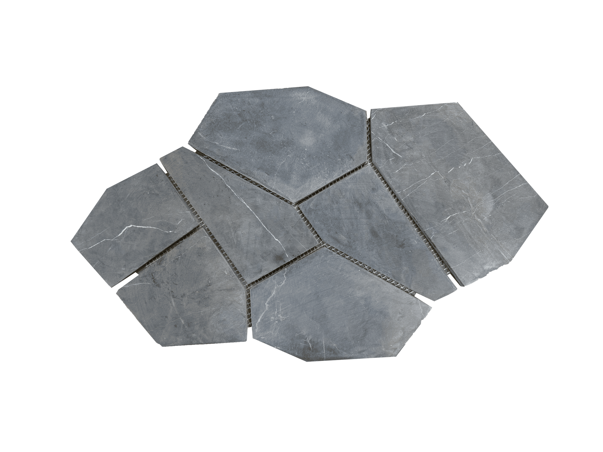 Pentagon-shaped dark grey stone mosaic tile, great for geometric wall or floor designs.