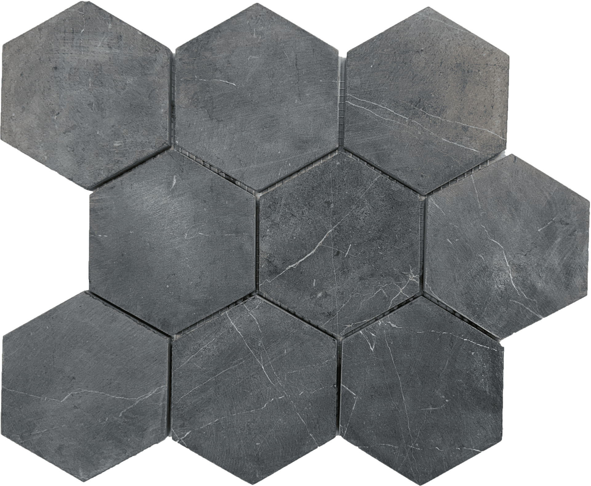 Extra-large hexagon mosaic in dark grey stone, perfect for modern floors and statement walls.