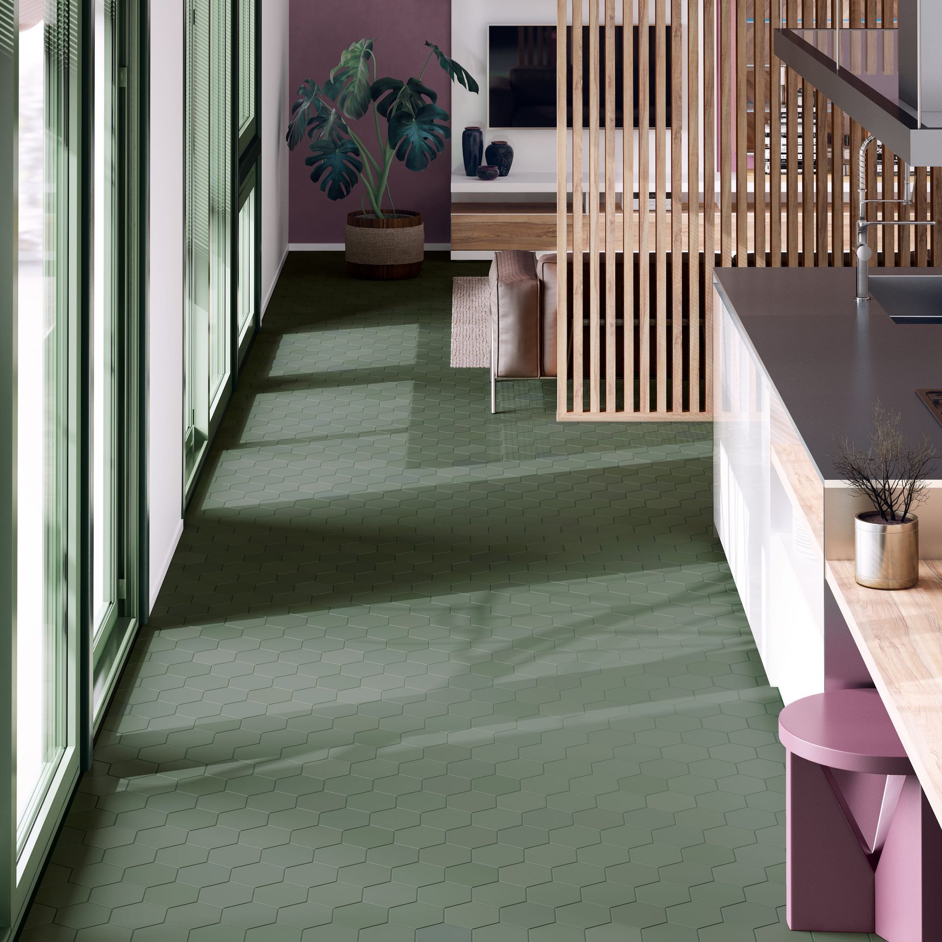 Muted green tile from the Kromatica line bringing organic tones to tile layouts