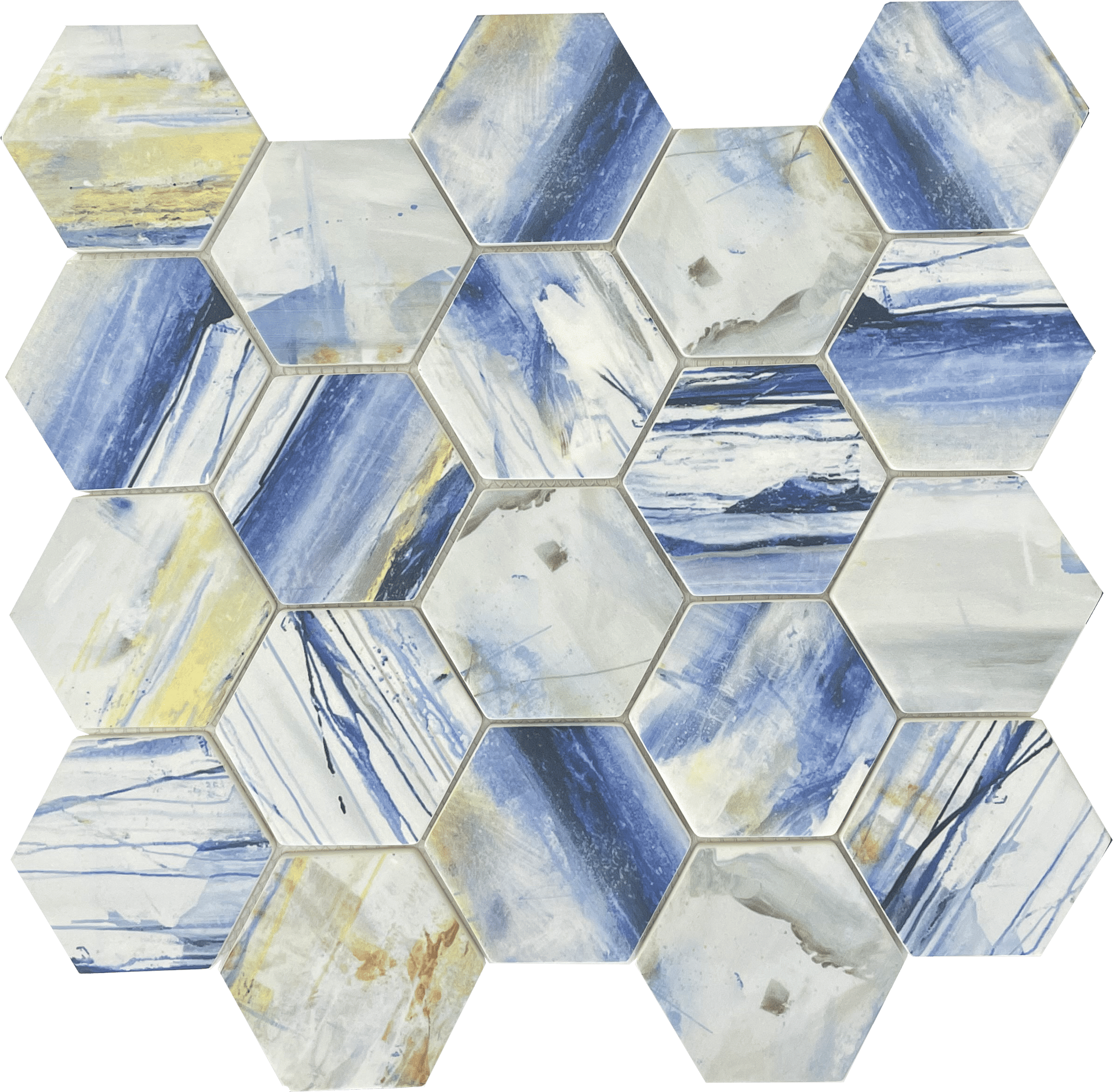 Kromatica Vision Hexagon tile featuring dynamic shapes and rich tones for modern interiors