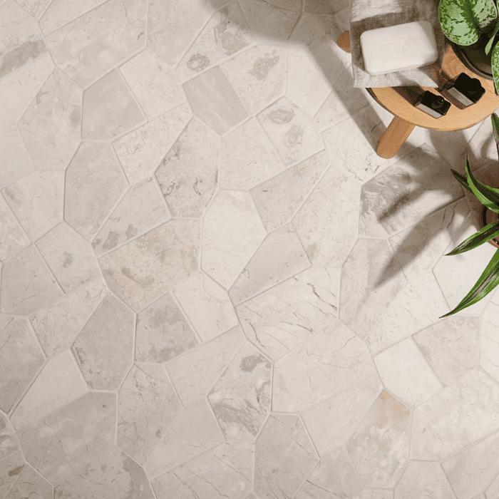 Pentagon-shaped Lovina White mosaic for clean, minimalist tile installations