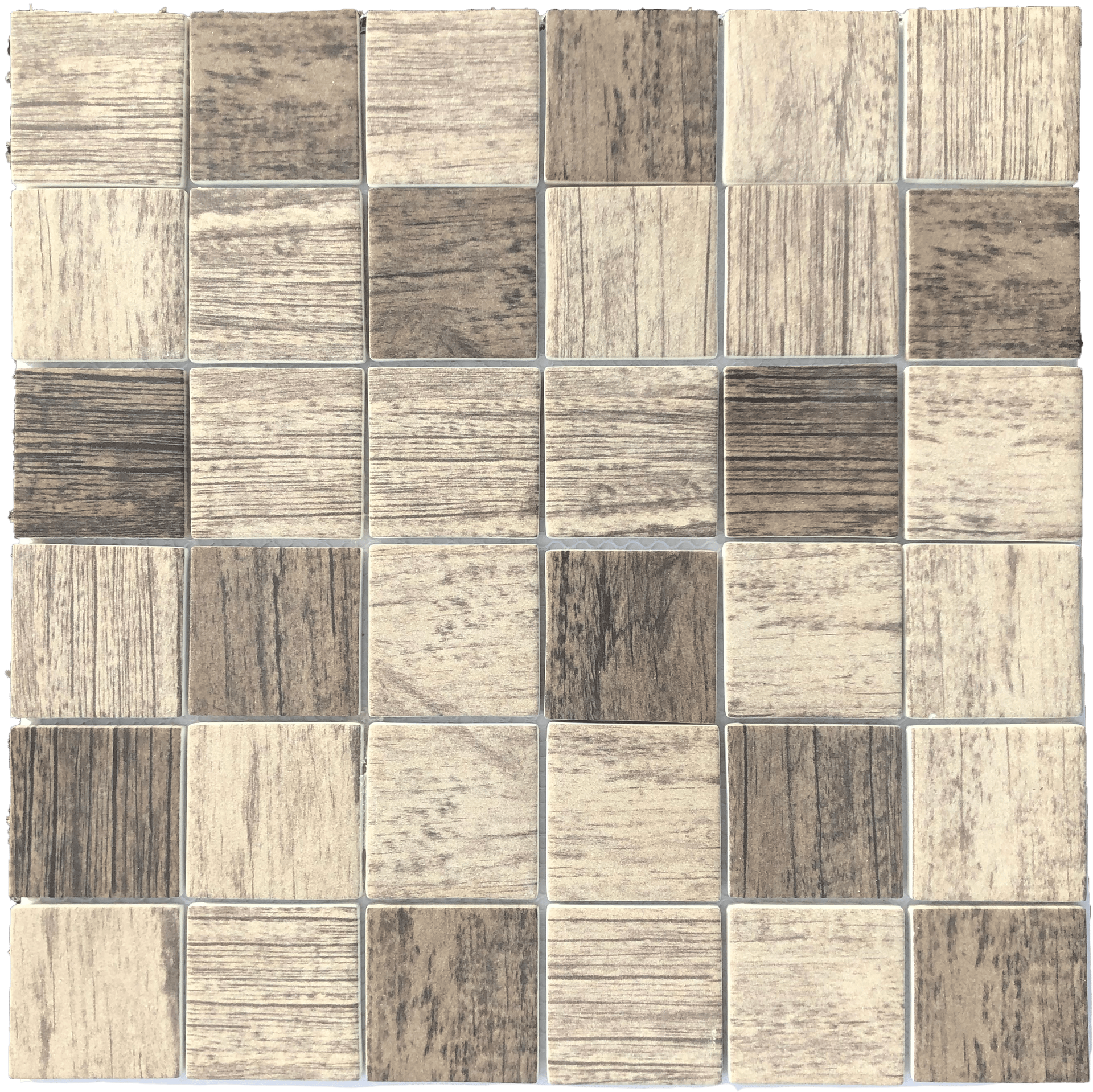 Square brown Legno mosaic with natural wood textures for warm, rustic interiors