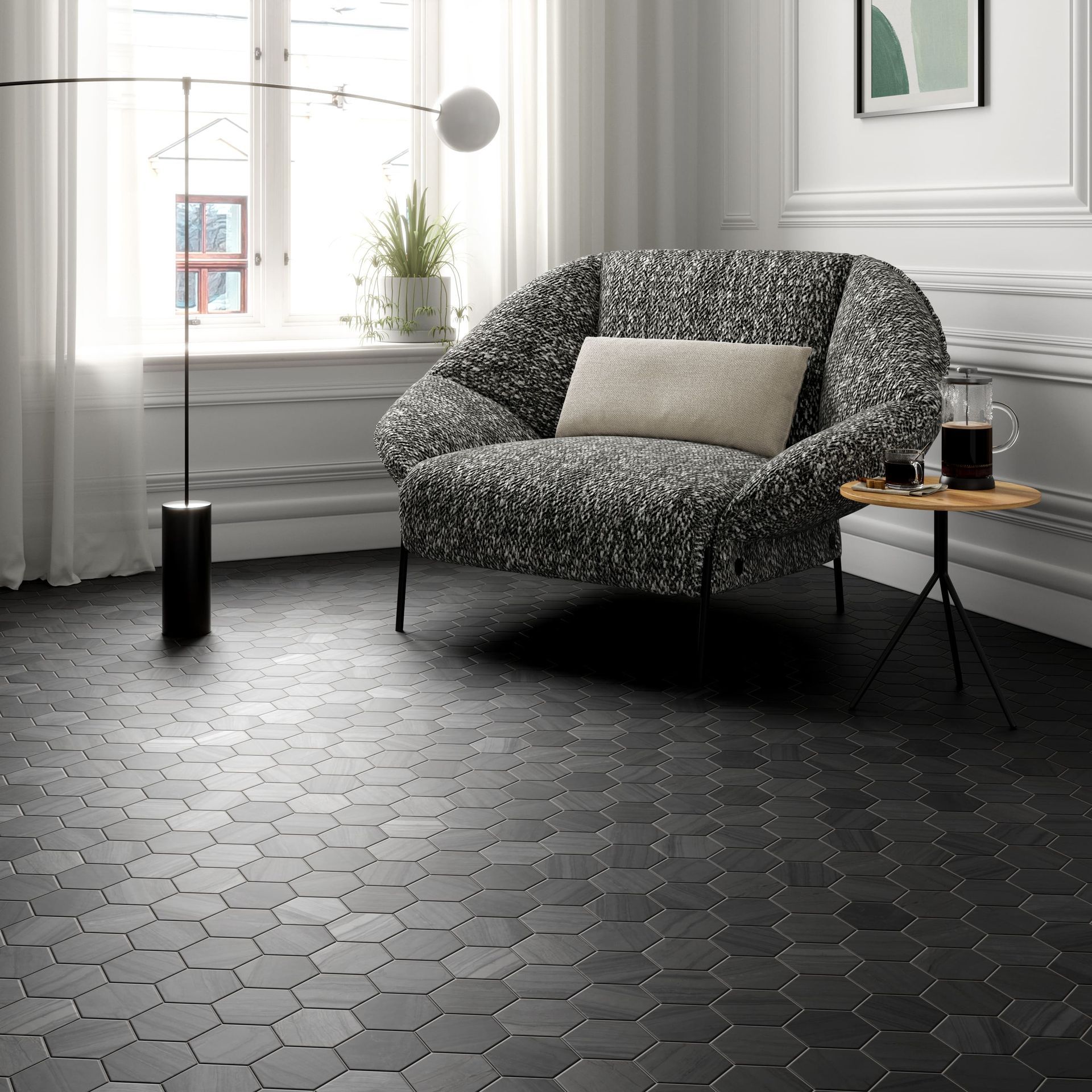 Modern living room featuring Lithos dark porcelain hex tiles