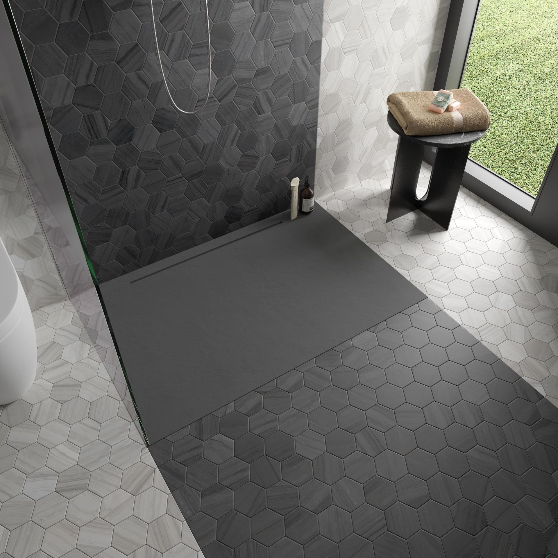 Dark Lithos hex mosaic tile in porcelain for bold and elegant floor and wall styles