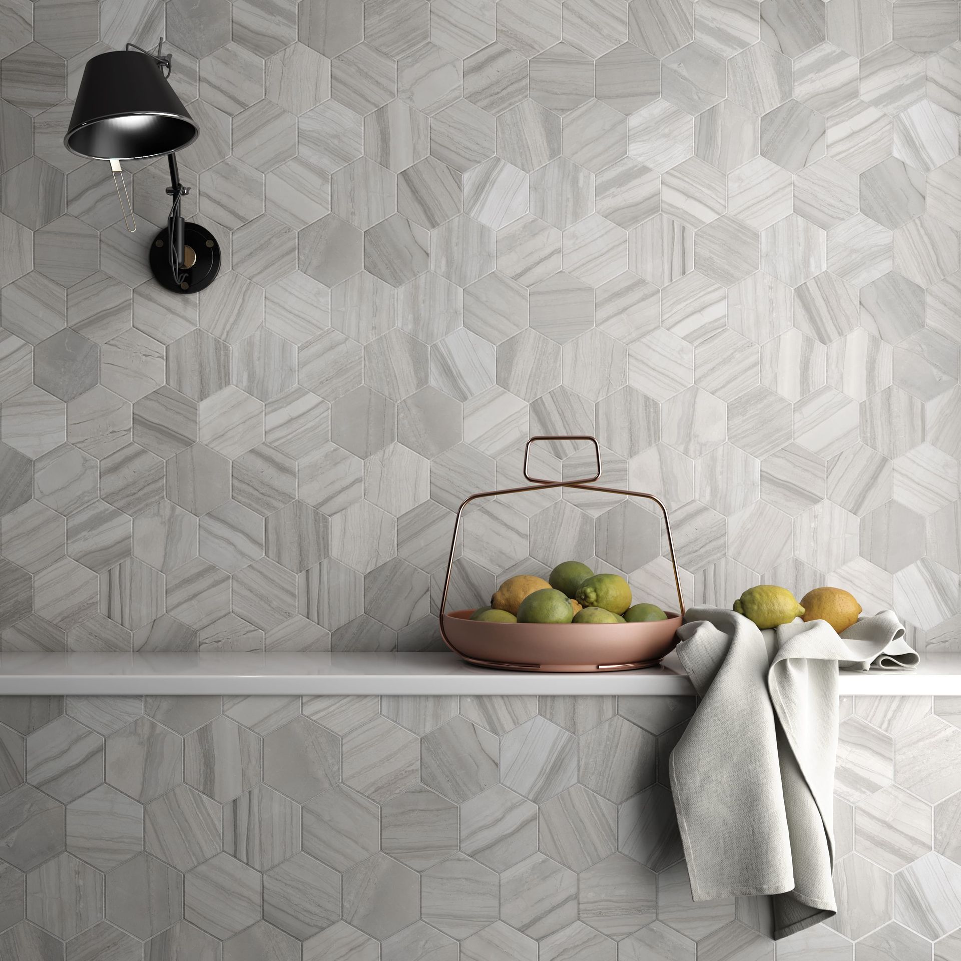 Grey Lithos hex mosaic in porcelain for minimalist and modern tile installations