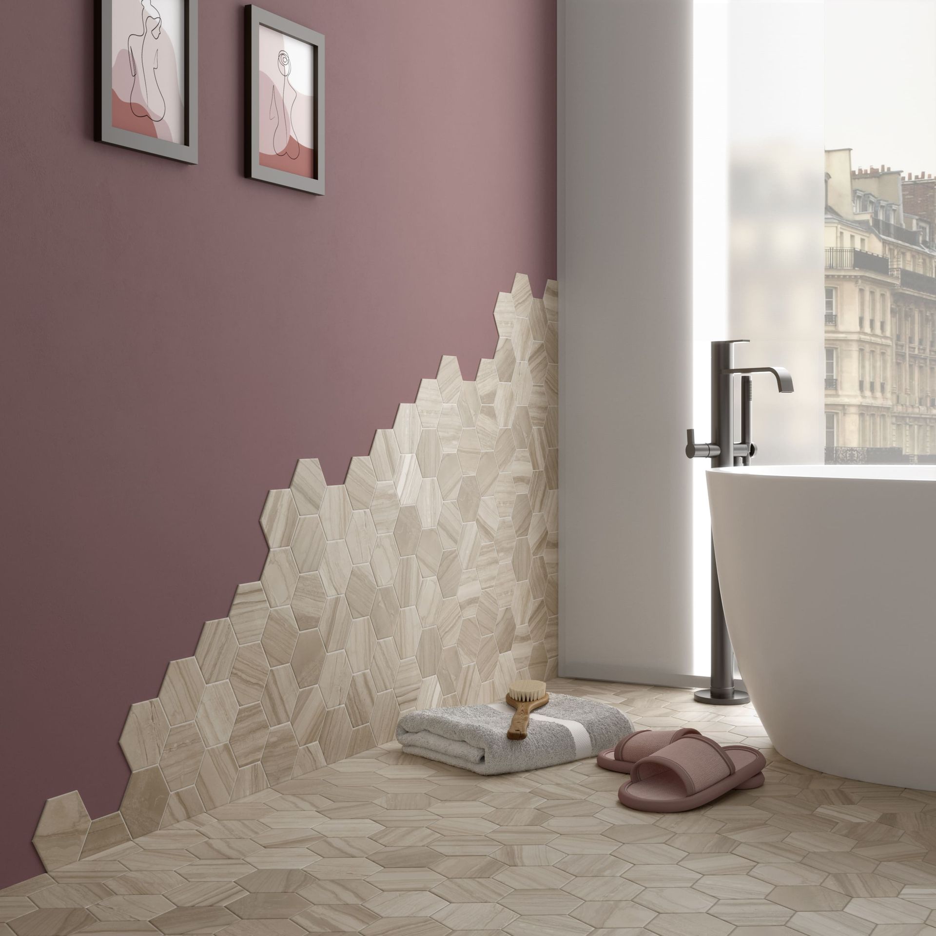 Beige Lithos porcelain hex mosaic for contemporary tile applications on floor or wall
