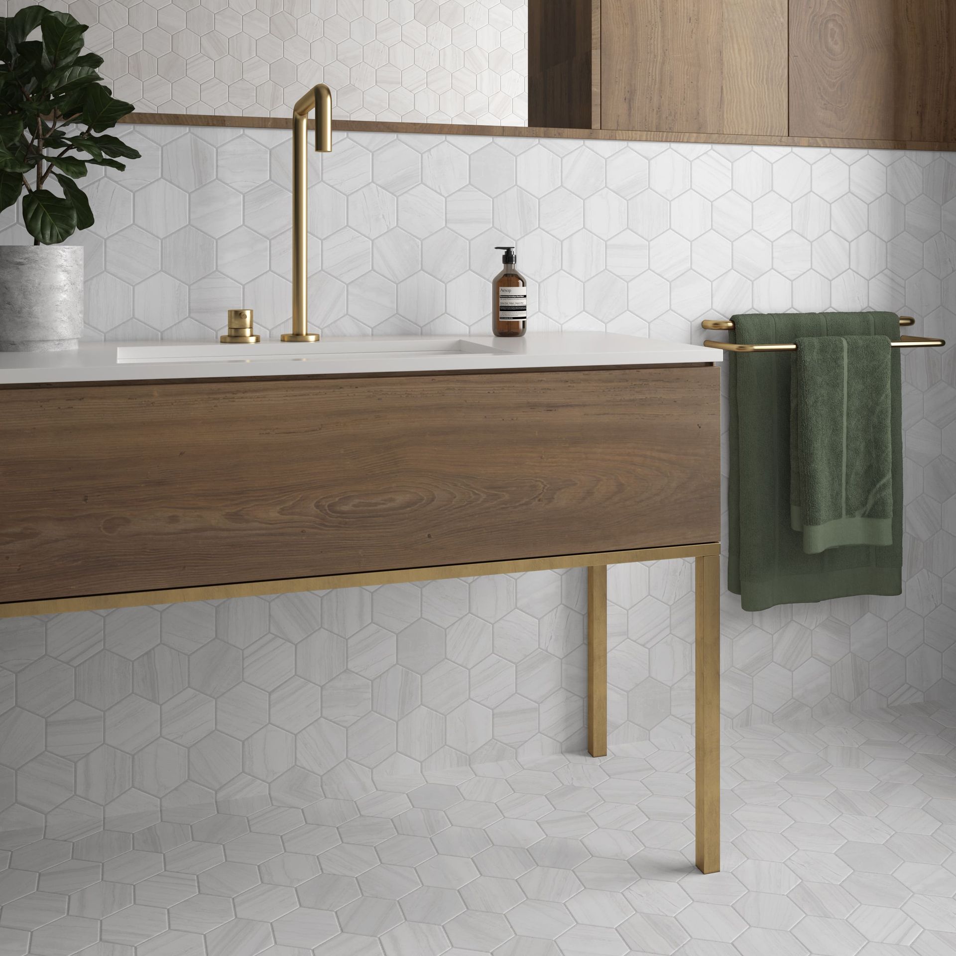 White hexagon porcelain tile from the Lithos collection, ideal for modern spaces