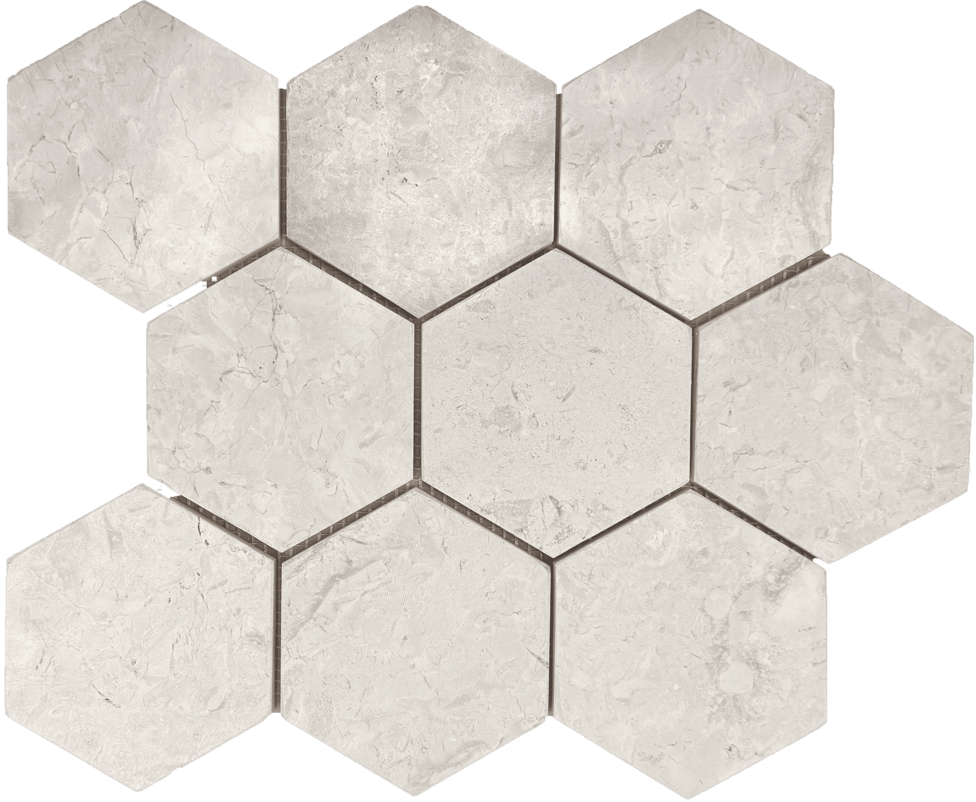 Lovina White Hex XL mosaic tile with oversized geometric shapes for modern interiors